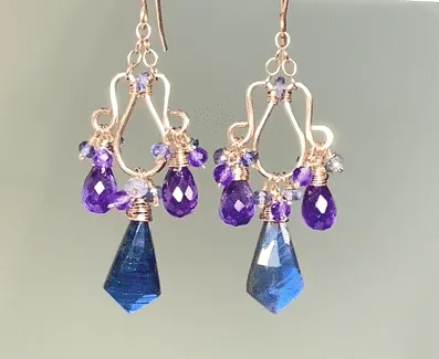 Blue Labradorite and Amethyst Handmade Chandelier Earrings, Rose Gold Fill