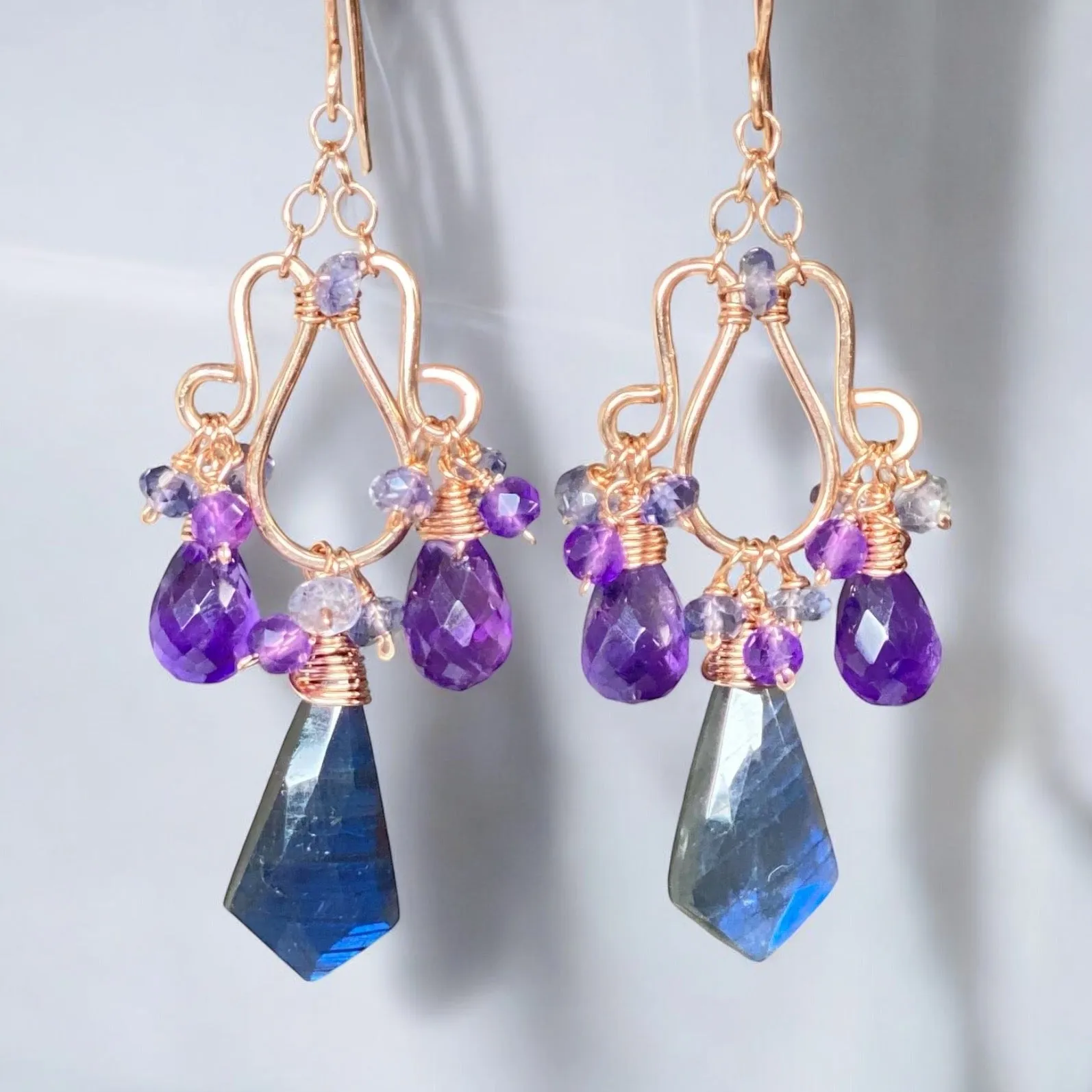 Blue Labradorite and Amethyst Handmade Chandelier Earrings, Rose Gold Fill