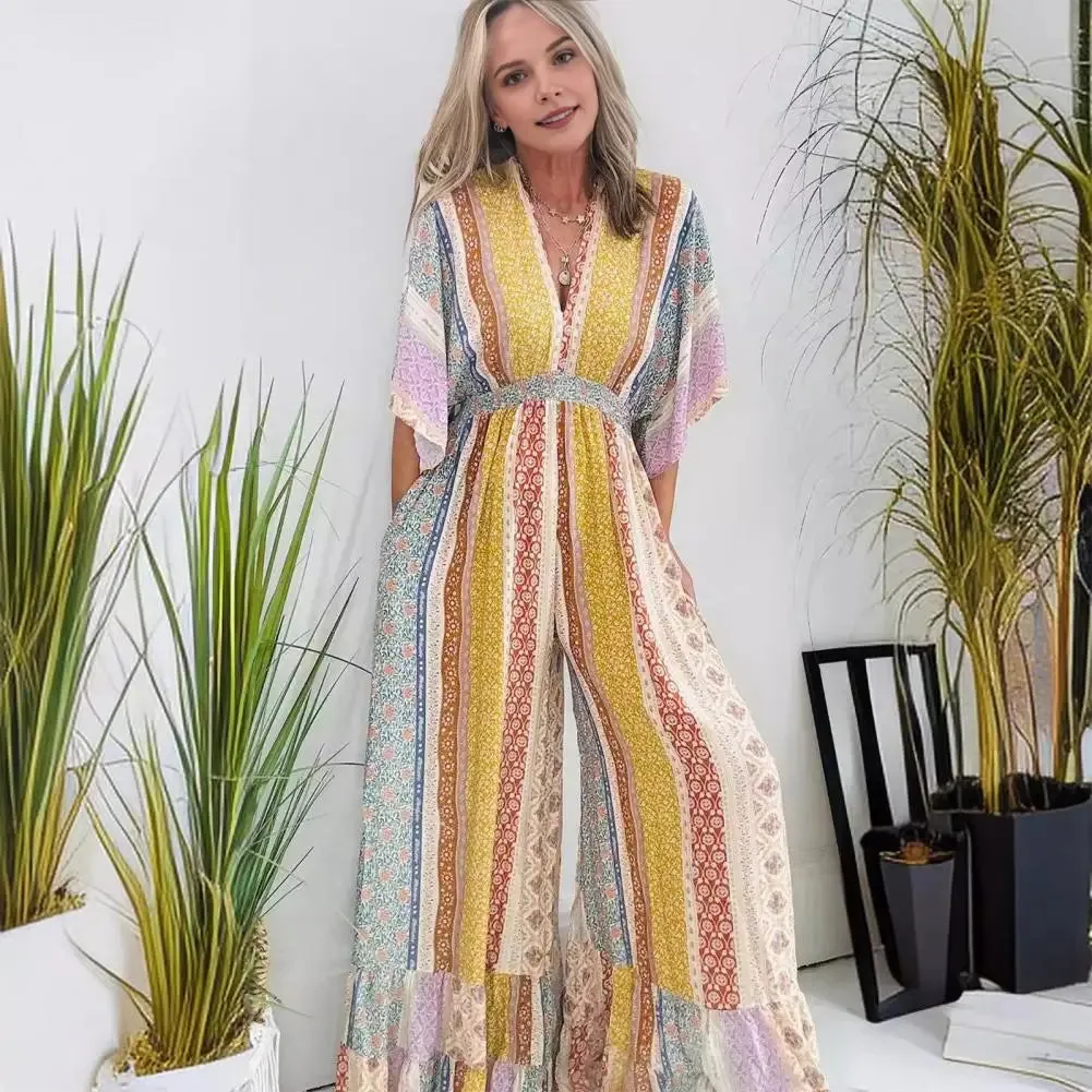 Bohemia Print Jumpsuit Female Jumpsuit Bohemian Print V Neck Jumpsuit for Women Breathable Summer Romper with Wide for Ladies