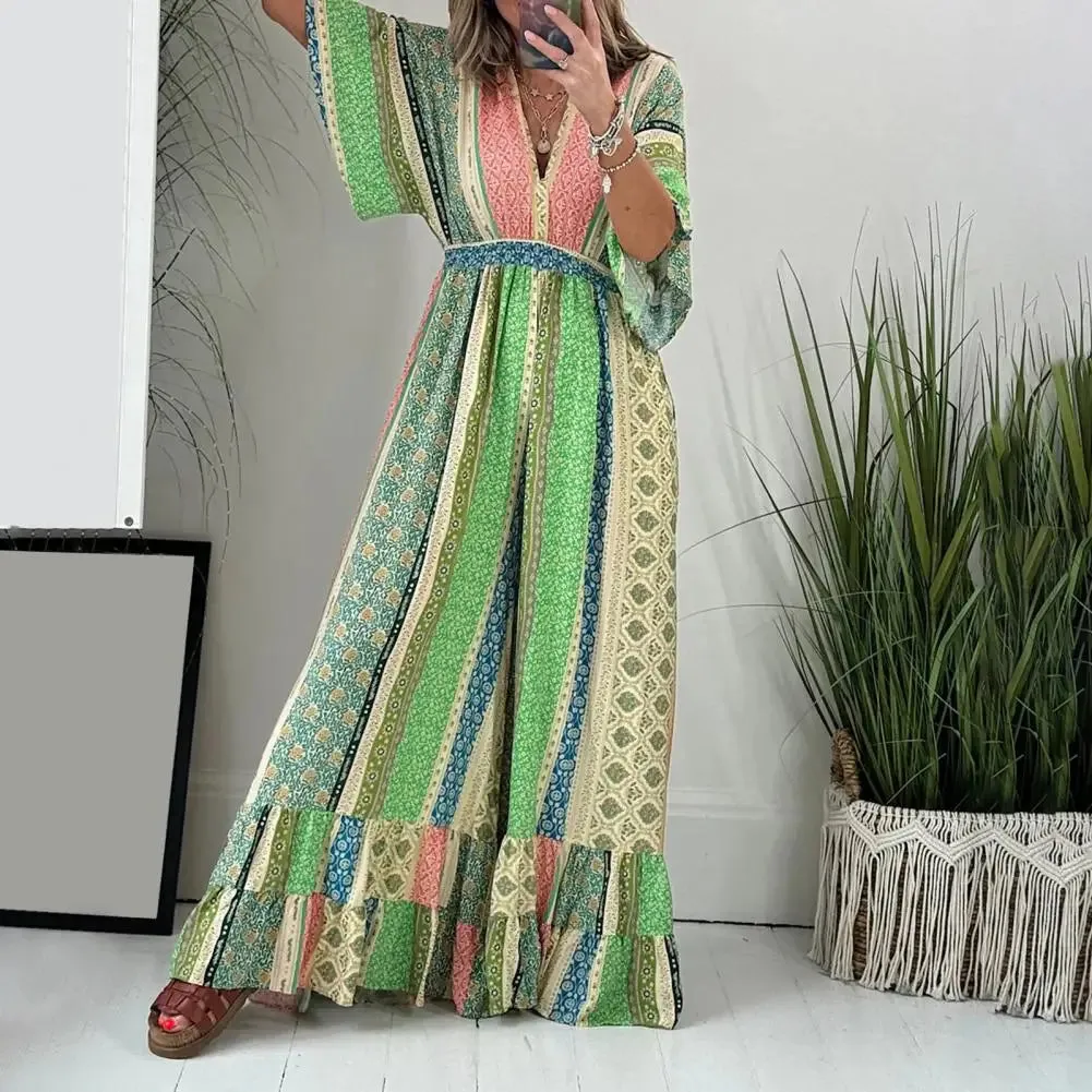Bohemia Print Jumpsuit Female Jumpsuit Bohemian Print V Neck Jumpsuit for Women Breathable Summer Romper with Wide for Ladies