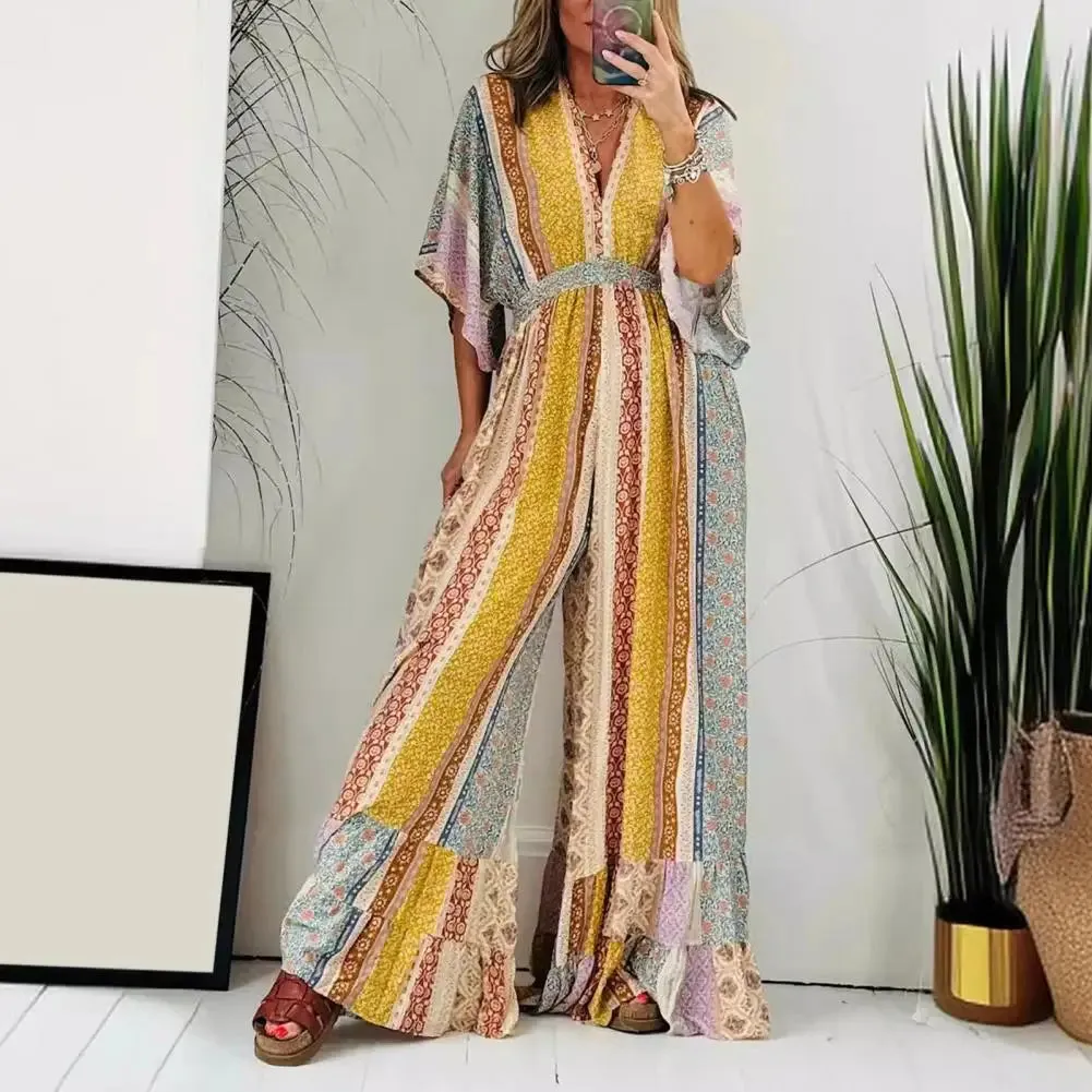 Bohemia Print Jumpsuit Female Jumpsuit Bohemian Print V Neck Jumpsuit for Women Breathable Summer Romper with Wide for Ladies