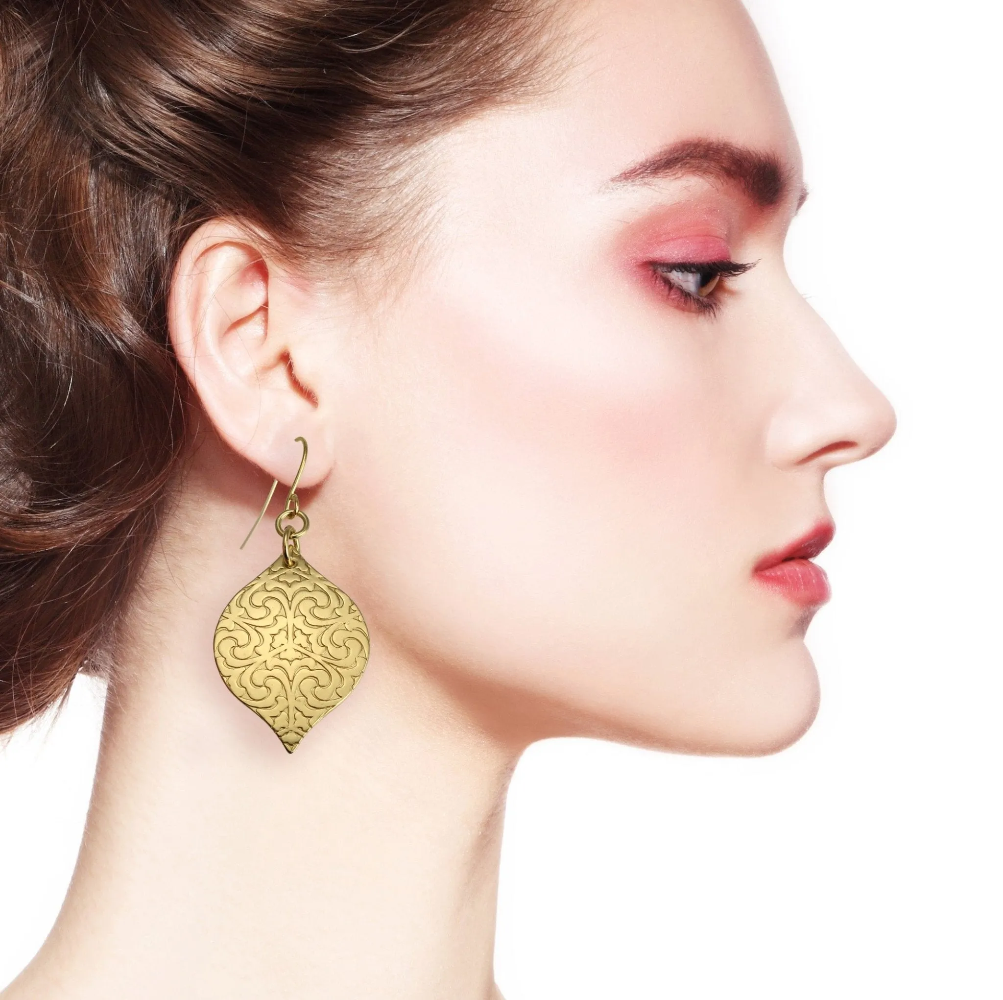 Damask Embossed Brass Nu Gold Marrakesh Drop Earrings