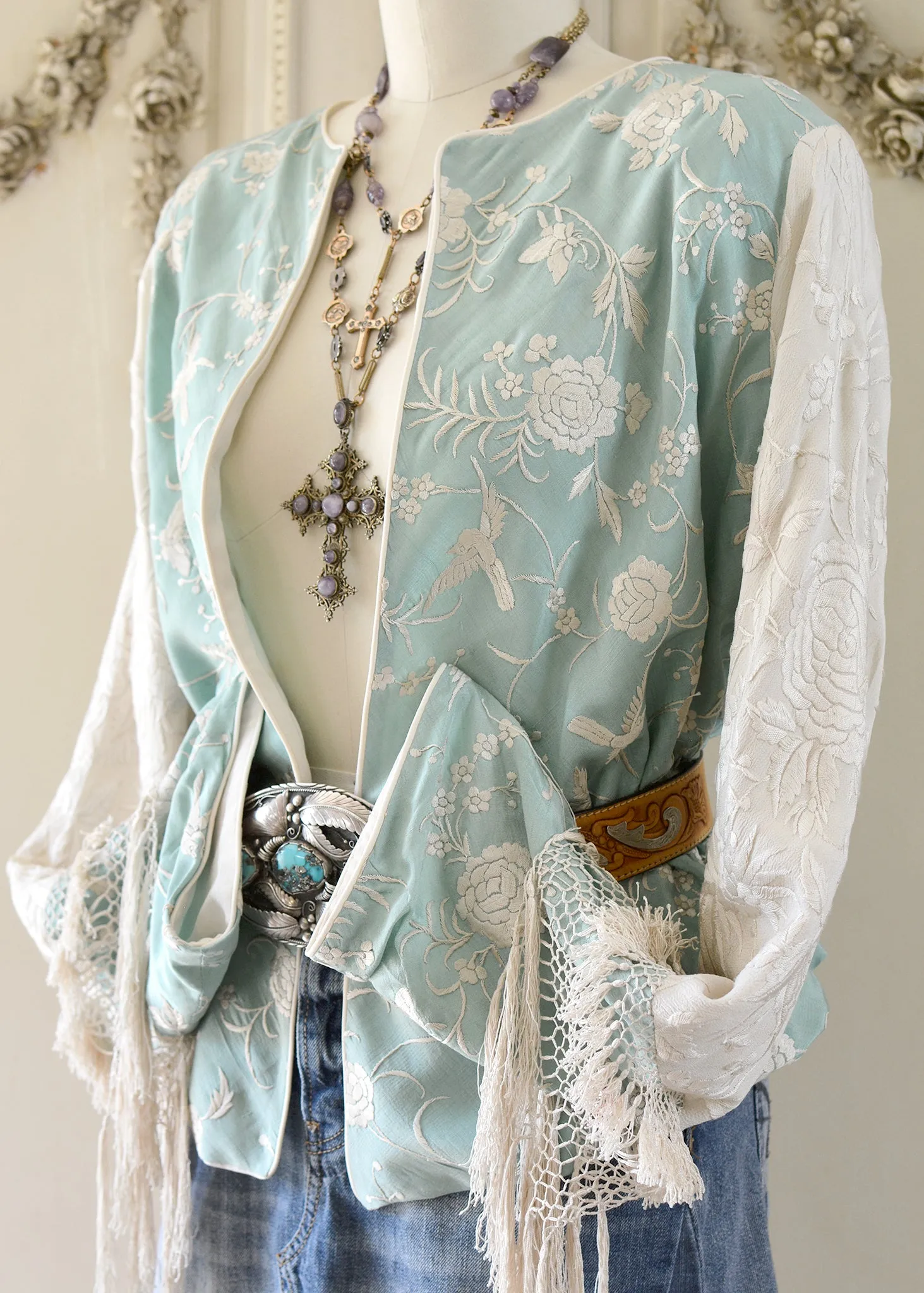 Daphne Antique Hand Embroidered Aqua & Creme Silk Crepe Jacket Silk Tassel Fringes - SOLD