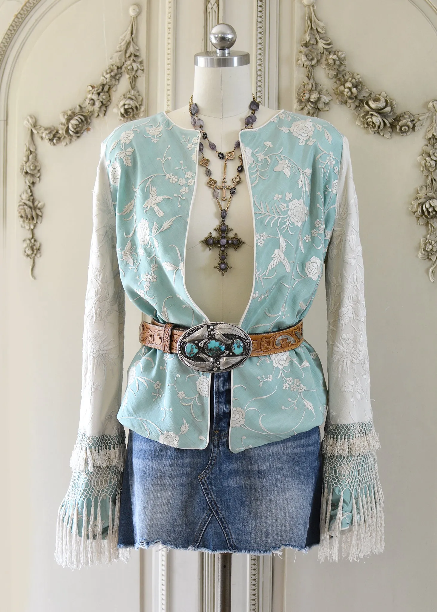 Daphne Antique Hand Embroidered Aqua & Creme Silk Crepe Jacket Silk Tassel Fringes - SOLD