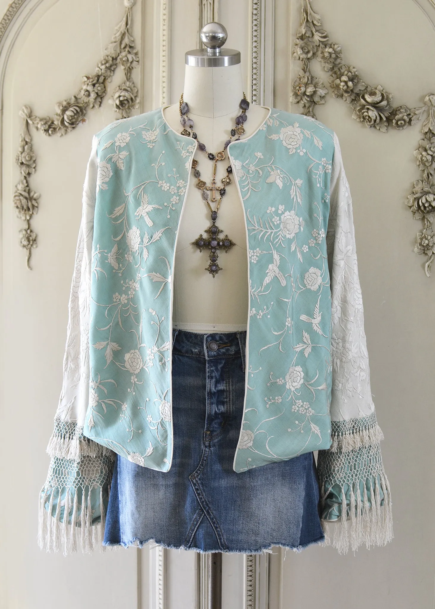Daphne Antique Hand Embroidered Aqua & Creme Silk Crepe Jacket Silk Tassel Fringes - SOLD