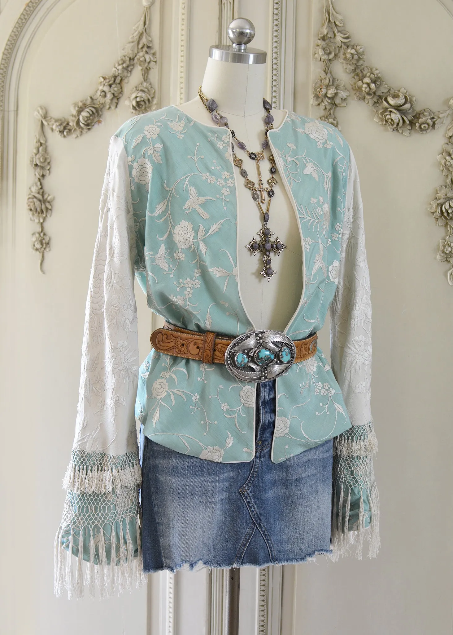 Daphne Antique Hand Embroidered Aqua & Creme Silk Crepe Jacket Silk Tassel Fringes - SOLD