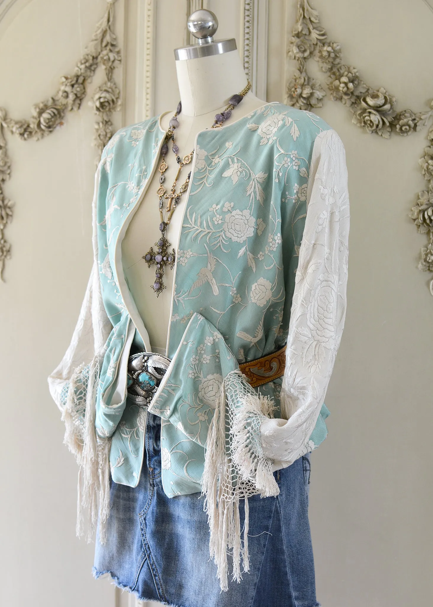 Daphne Antique Hand Embroidered Aqua & Creme Silk Crepe Jacket Silk Tassel Fringes - SOLD