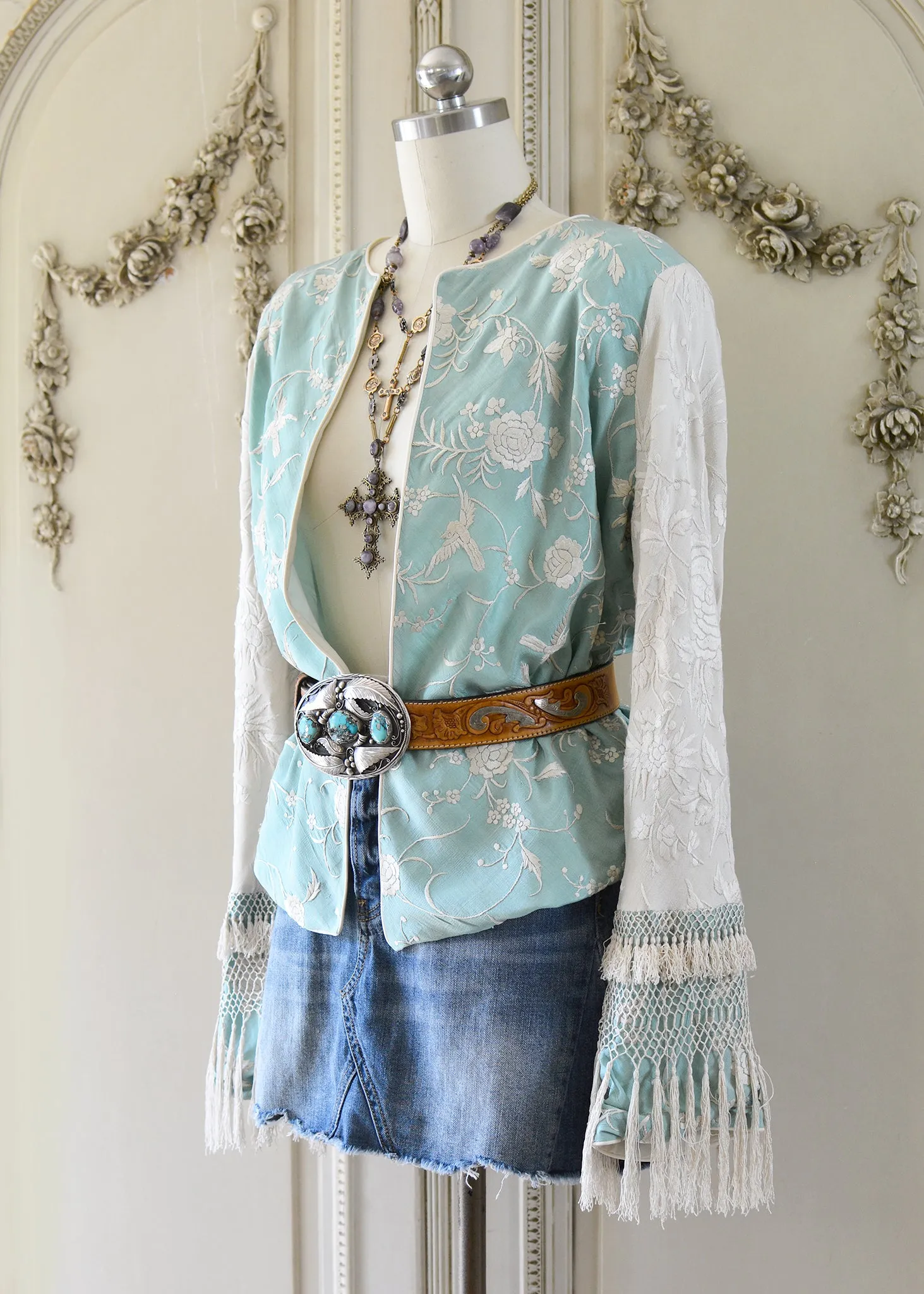 Daphne Antique Hand Embroidered Aqua & Creme Silk Crepe Jacket Silk Tassel Fringes - SOLD