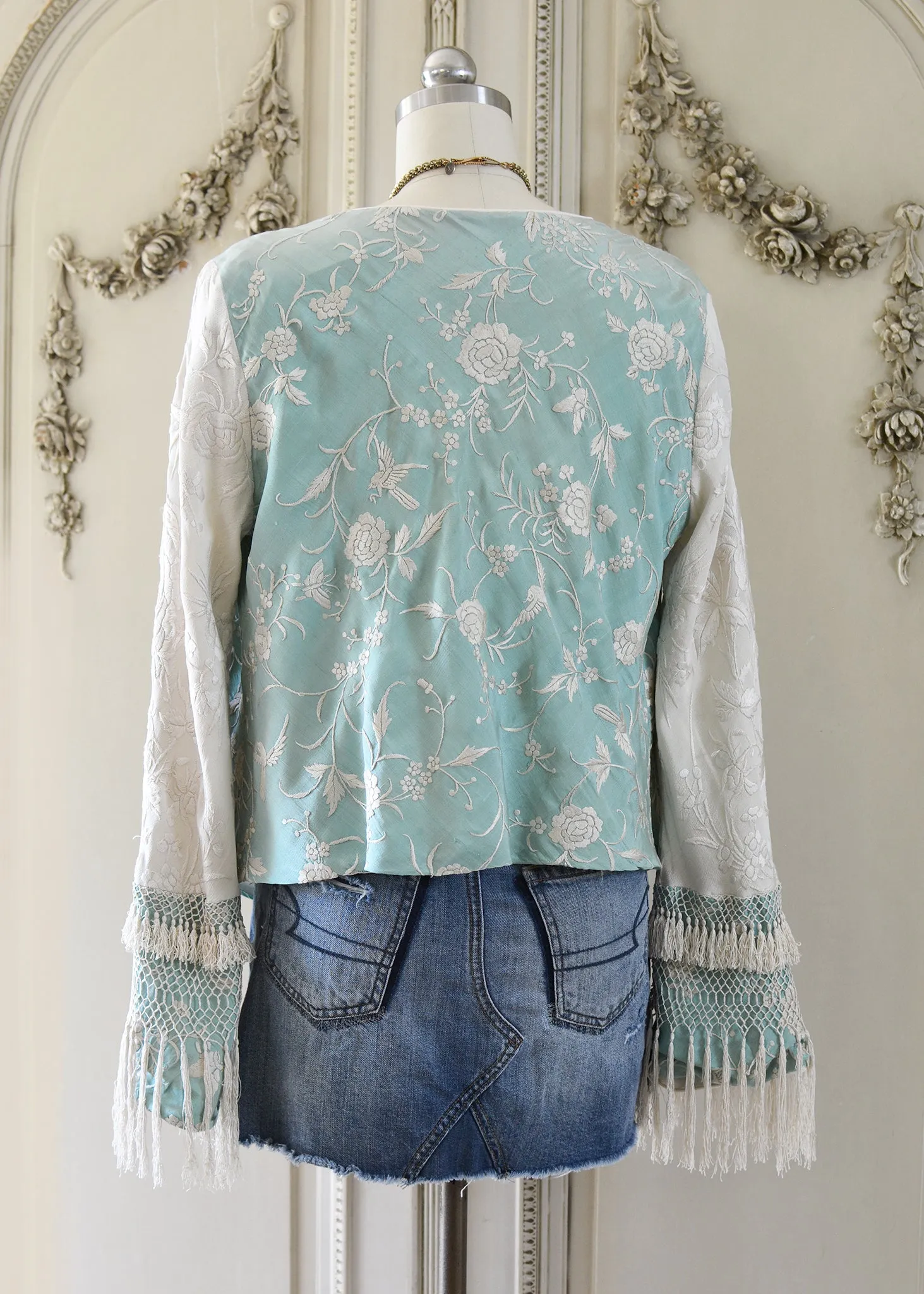 Daphne Antique Hand Embroidered Aqua & Creme Silk Crepe Jacket Silk Tassel Fringes - SOLD