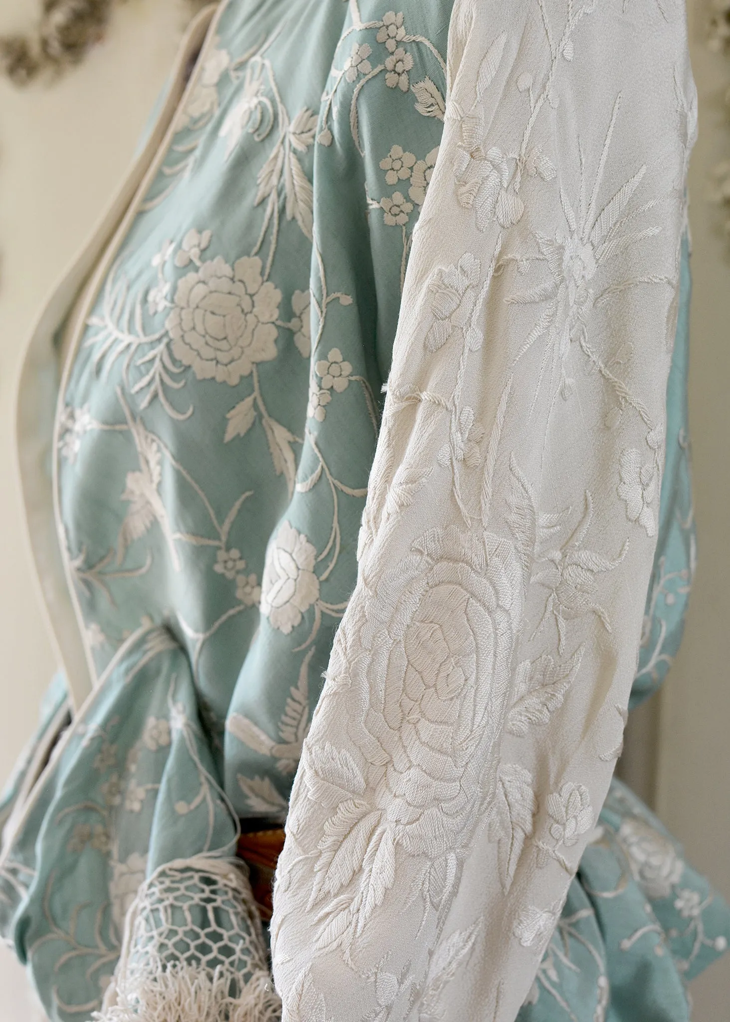 Daphne Antique Hand Embroidered Aqua & Creme Silk Crepe Jacket Silk Tassel Fringes - SOLD