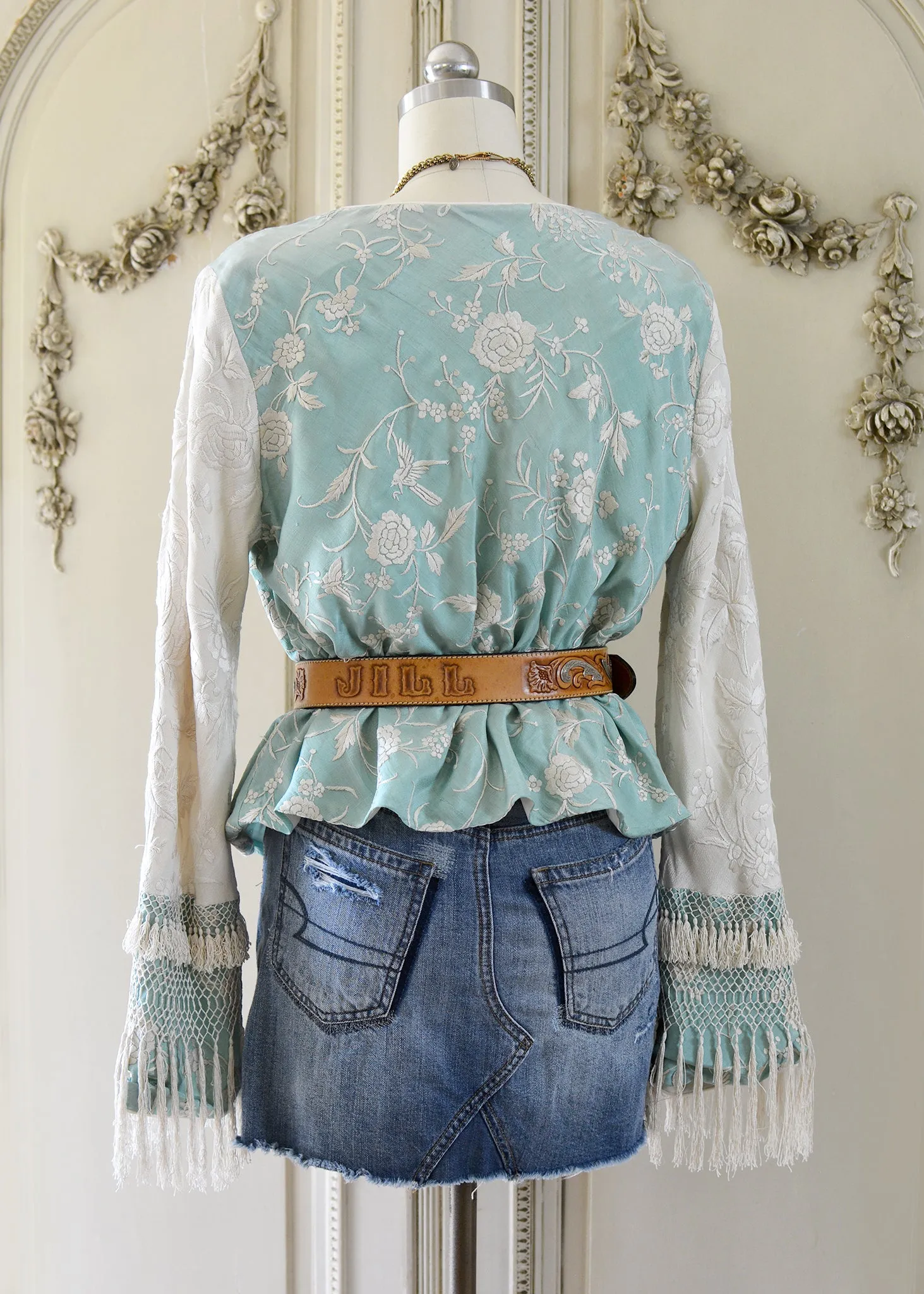 Daphne Antique Hand Embroidered Aqua & Creme Silk Crepe Jacket Silk Tassel Fringes - SOLD
