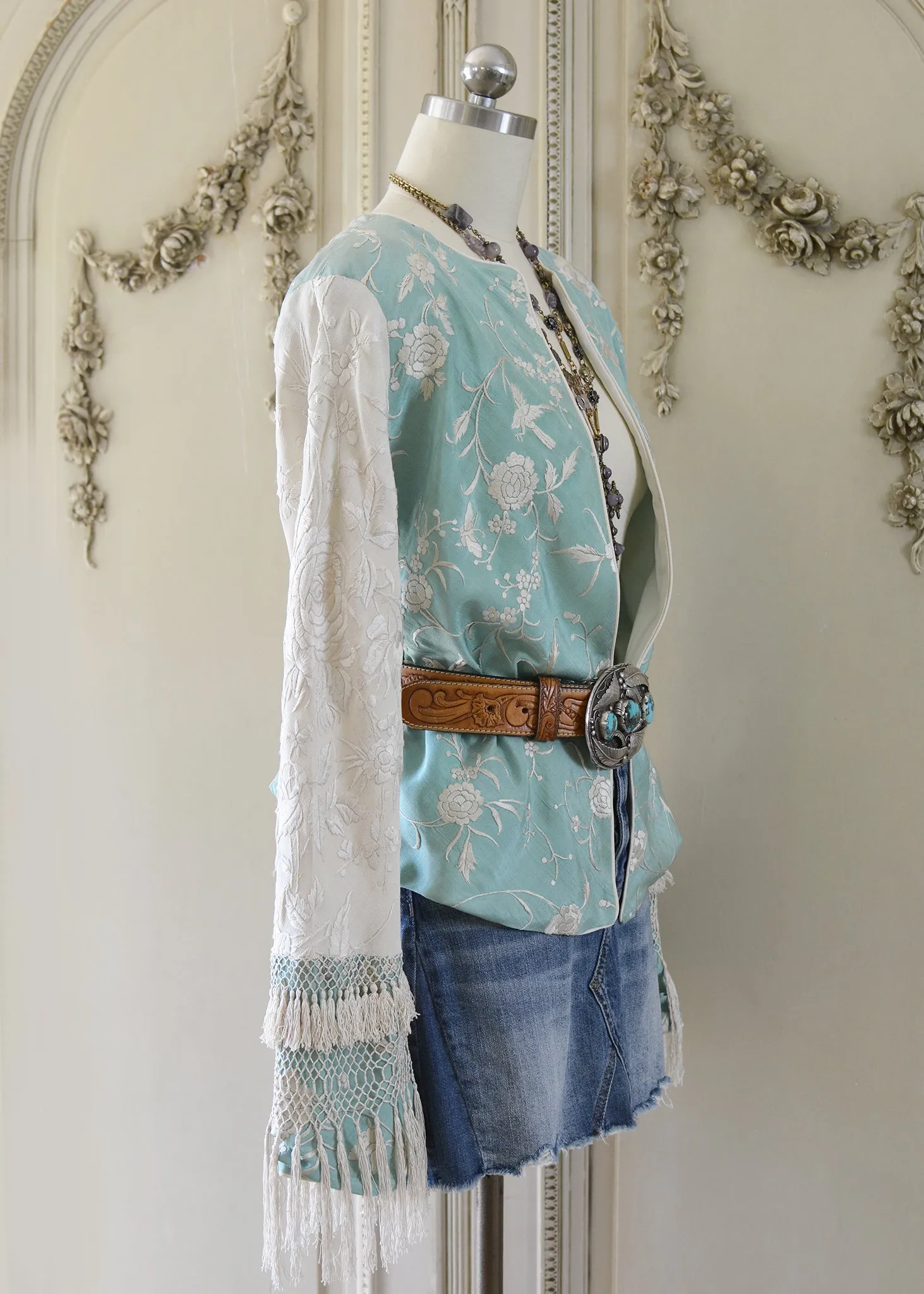 Daphne Antique Hand Embroidered Aqua & Creme Silk Crepe Jacket Silk Tassel Fringes - SOLD