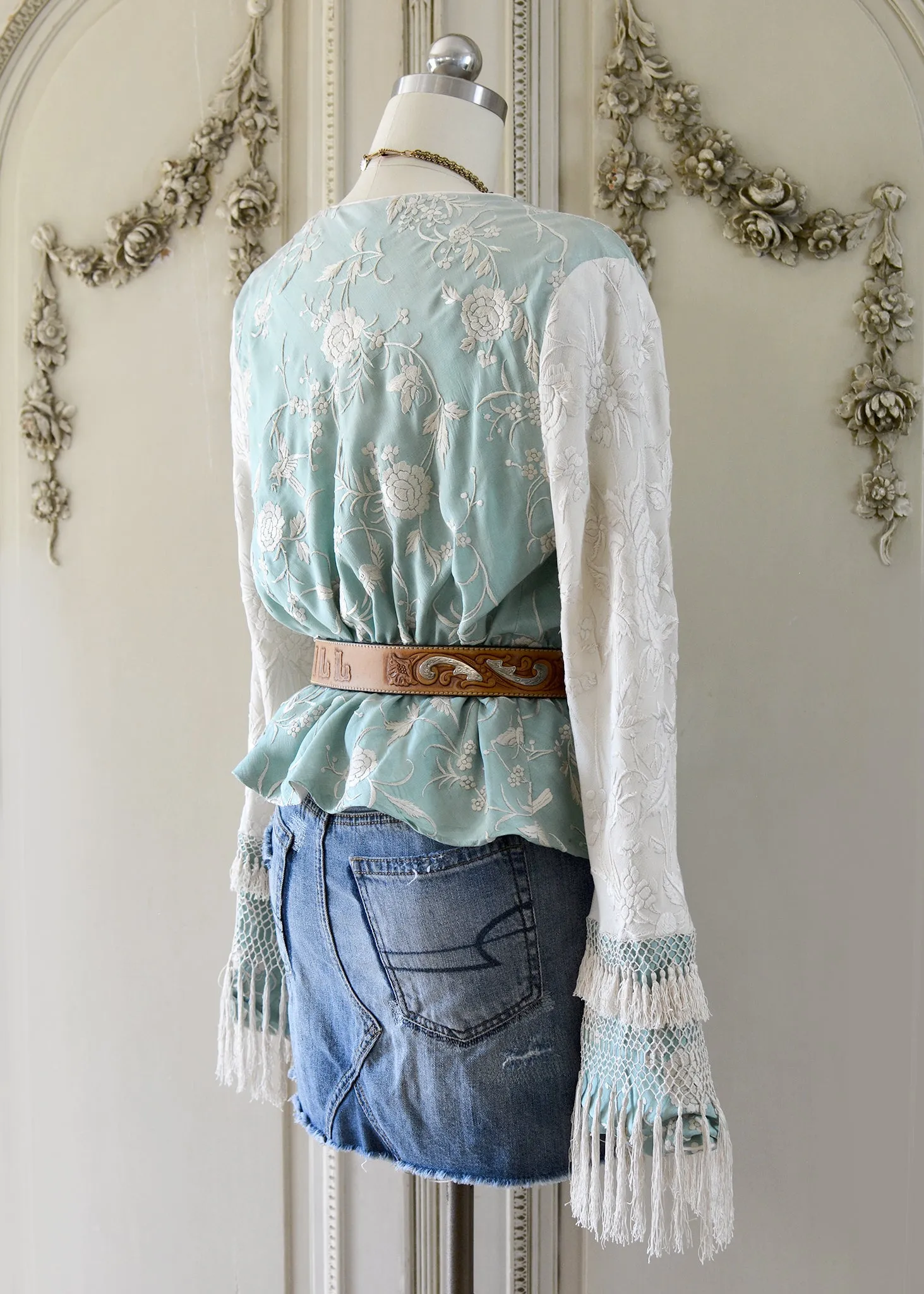 Daphne Antique Hand Embroidered Aqua & Creme Silk Crepe Jacket Silk Tassel Fringes - SOLD