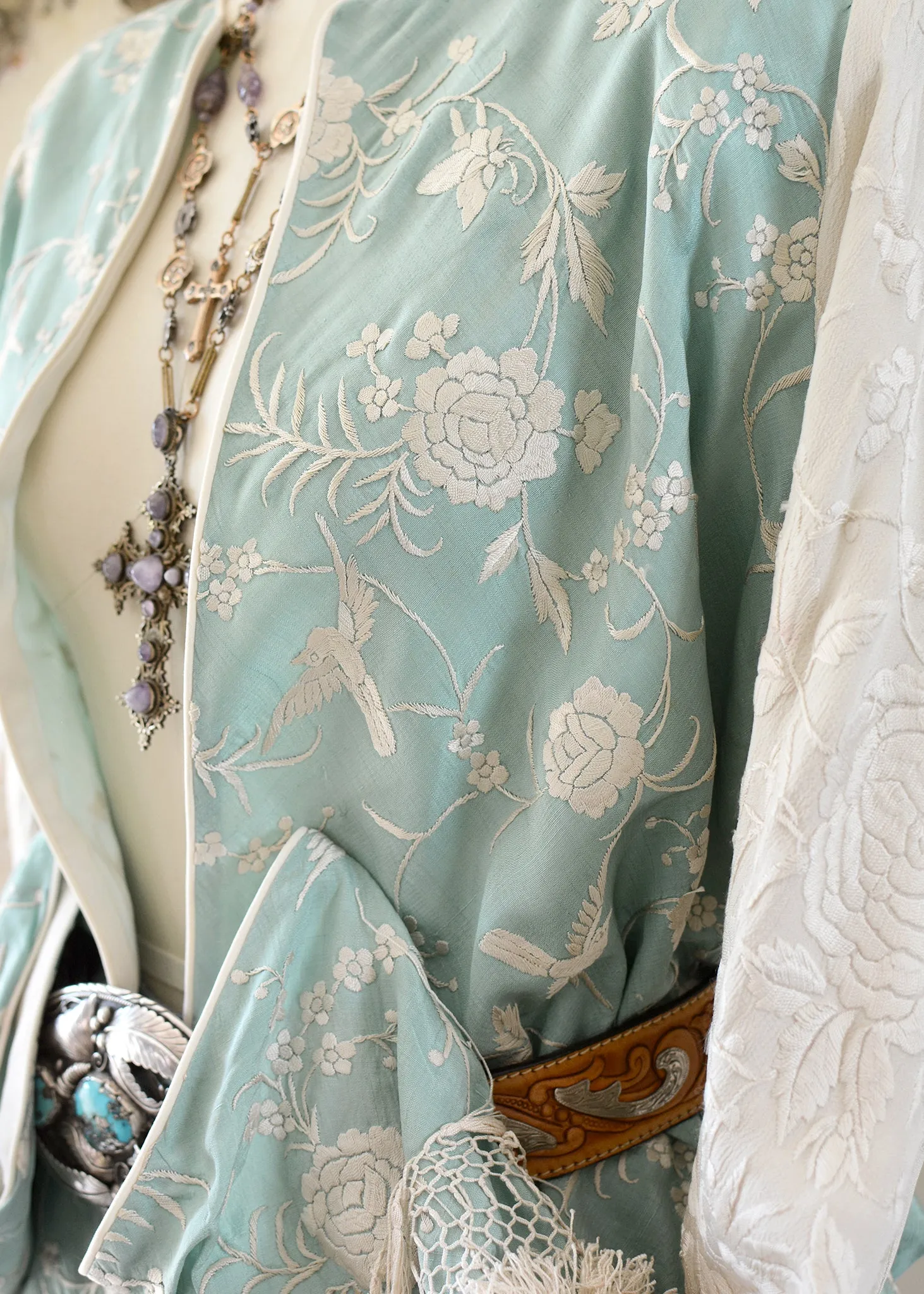 Daphne Antique Hand Embroidered Aqua & Creme Silk Crepe Jacket Silk Tassel Fringes - SOLD
