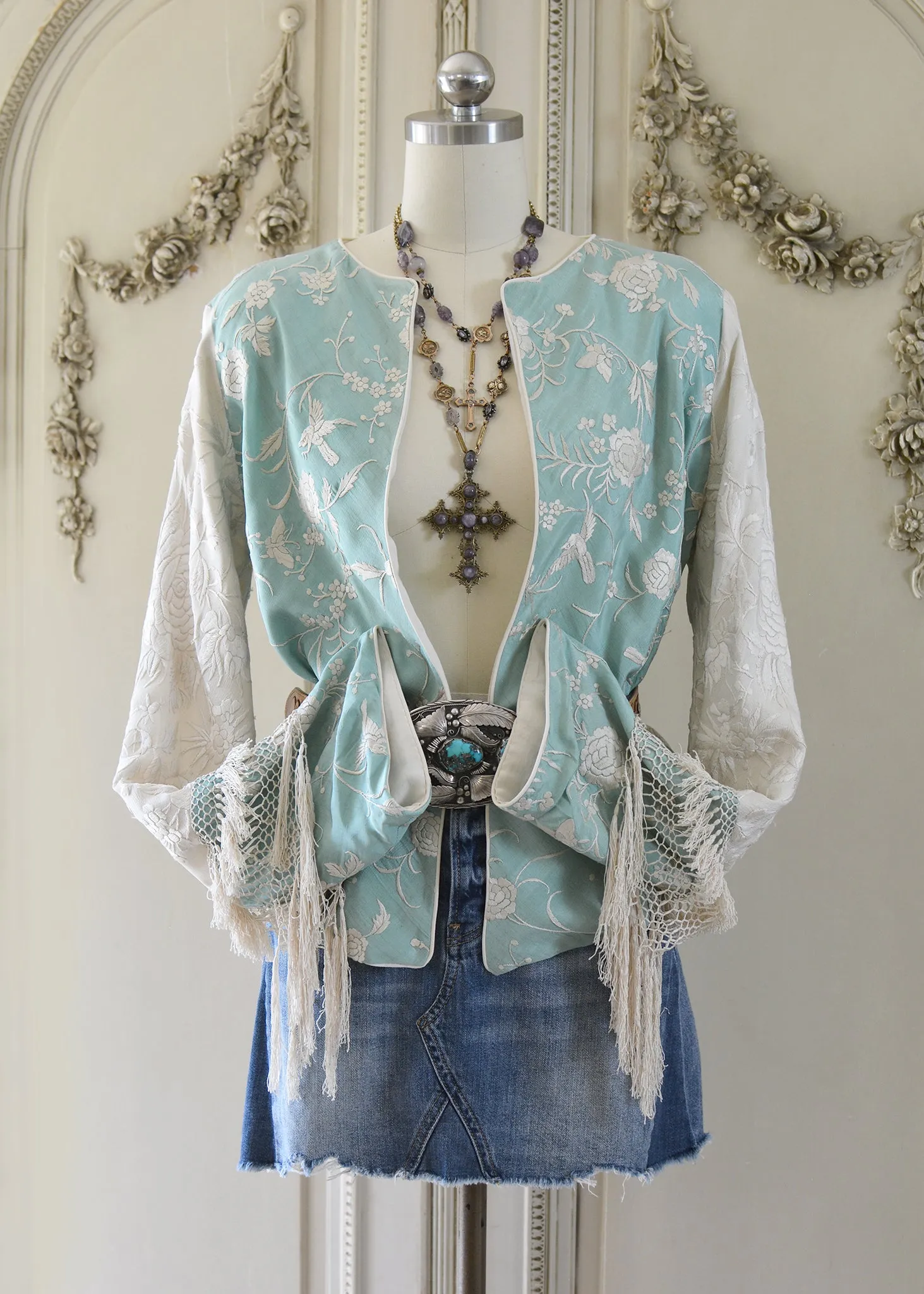 Daphne Antique Hand Embroidered Aqua & Creme Silk Crepe Jacket Silk Tassel Fringes - SOLD