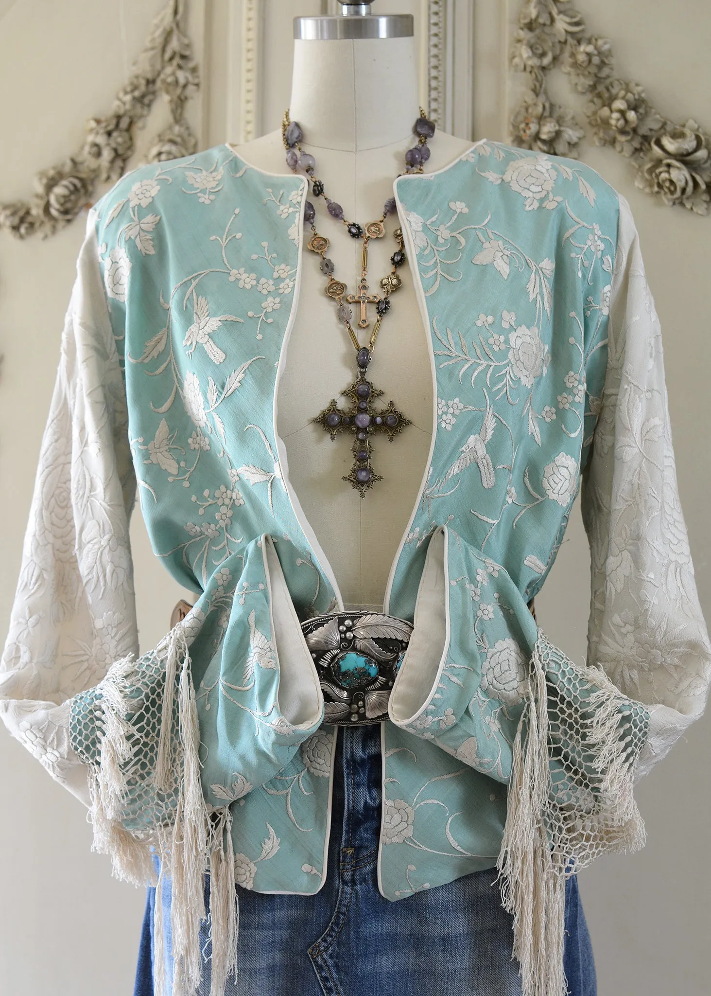 Daphne Antique Hand Embroidered Aqua & Creme Silk Crepe Jacket Silk Tassel Fringes - SOLD