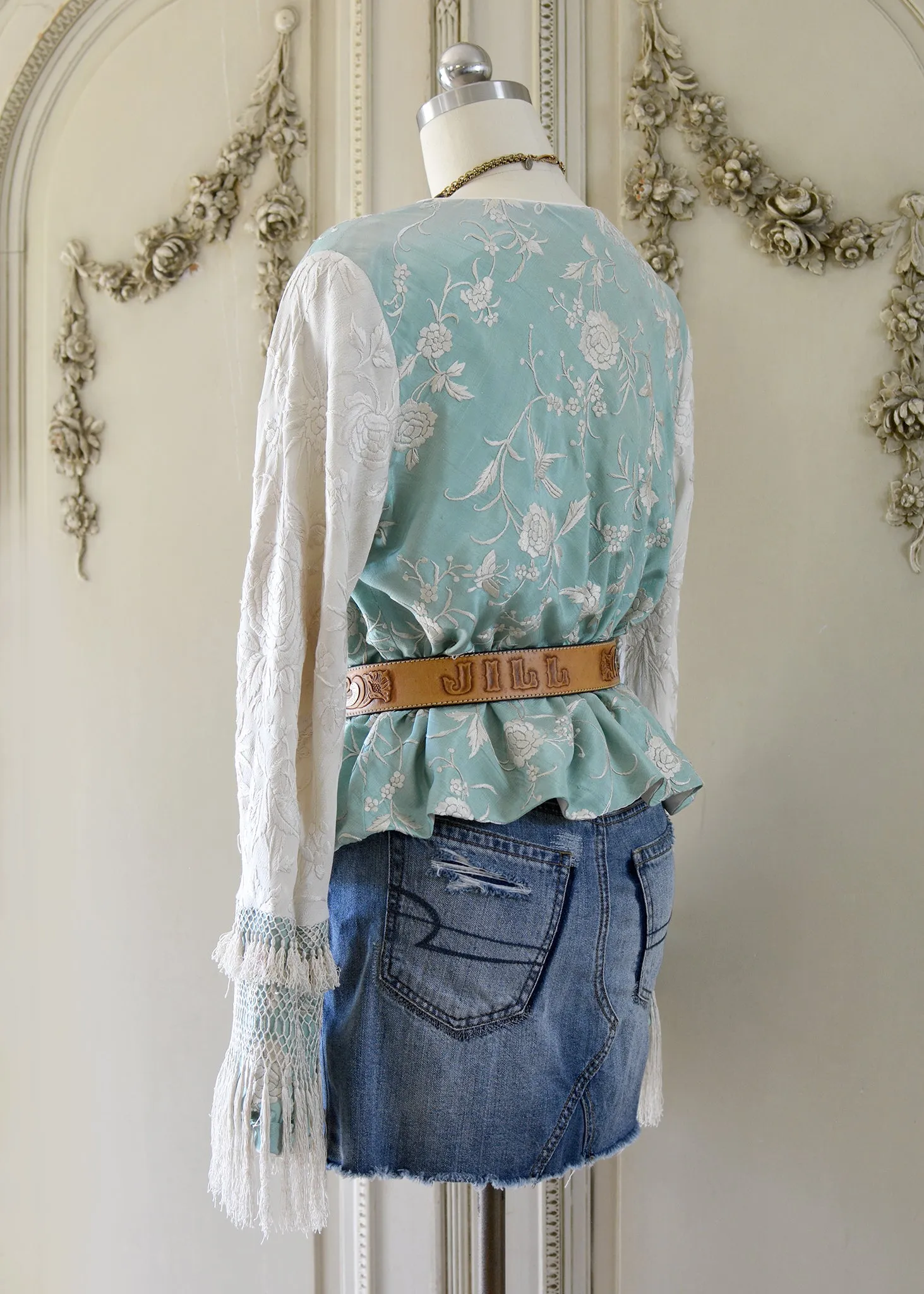 Daphne Antique Hand Embroidered Aqua & Creme Silk Crepe Jacket Silk Tassel Fringes - SOLD