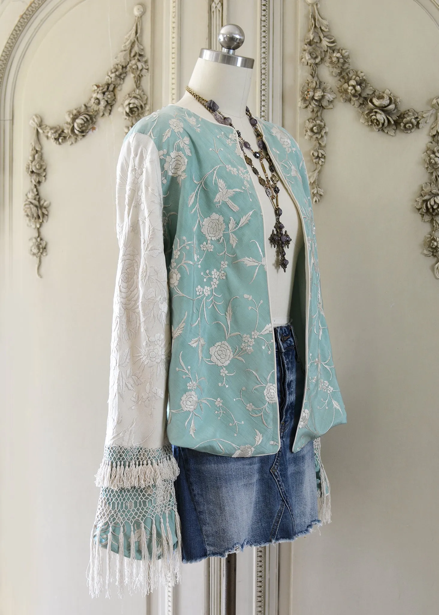 Daphne Antique Hand Embroidered Aqua & Creme Silk Crepe Jacket Silk Tassel Fringes - SOLD