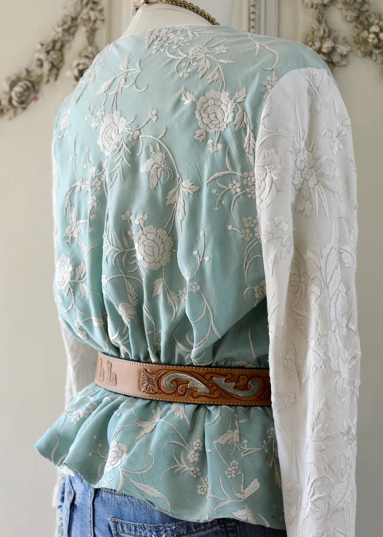 Daphne Antique Hand Embroidered Aqua & Creme Silk Crepe Jacket Silk Tassel Fringes - SOLD