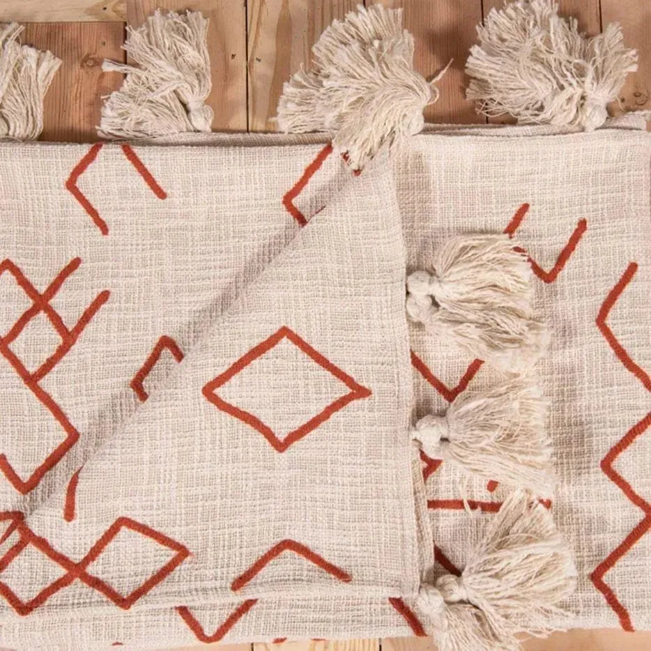 Geometry African Mud Cloth Inspired Cotton Throw With Tassels