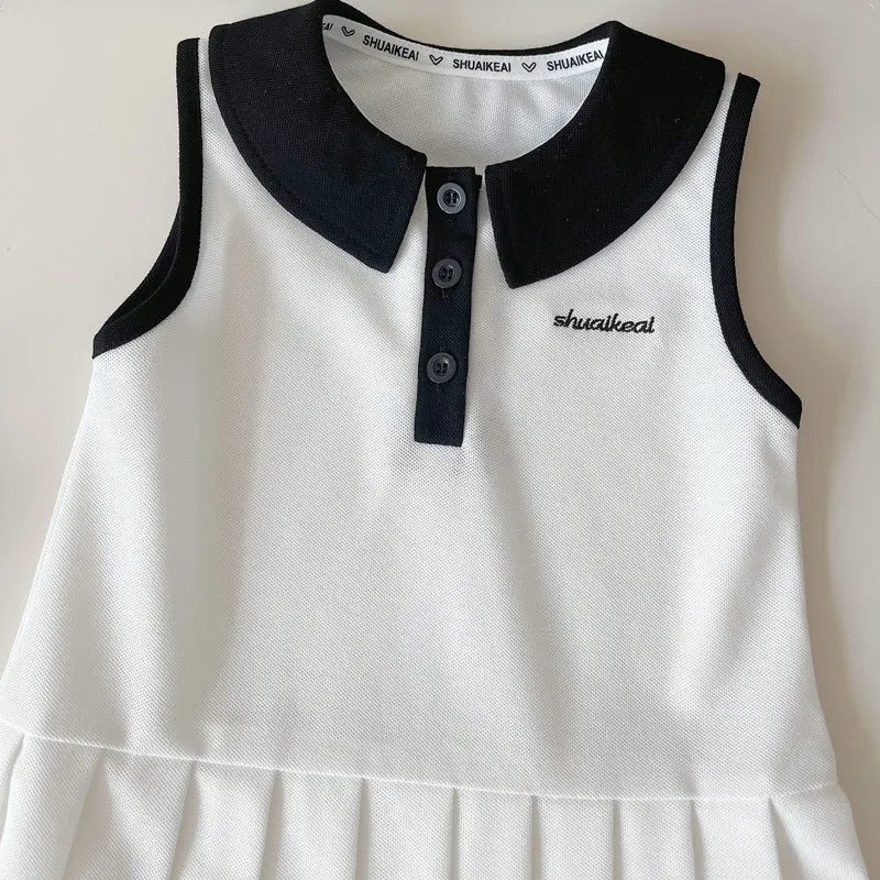 Girls' Summer Dress Sleeveless 2025 New Baby Princess Dress Cute Polo Preppy Style Pleated Vest Dress