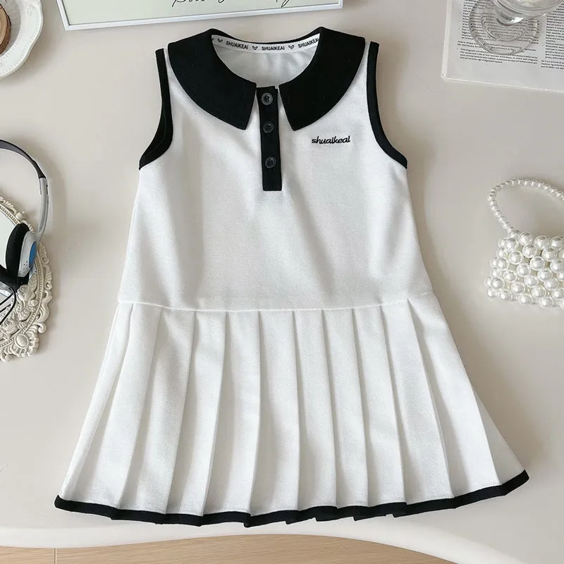 Girls' Summer Dress Sleeveless 2025 New Baby Princess Dress Cute Polo Preppy Style Pleated Vest Dress
