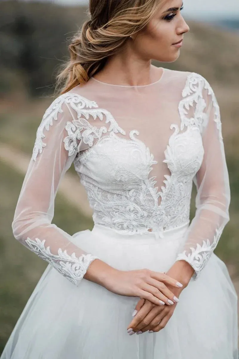 Glamorous Bohemian Illusion Sleeves Lace Two Piece Court Train Wedding Dress