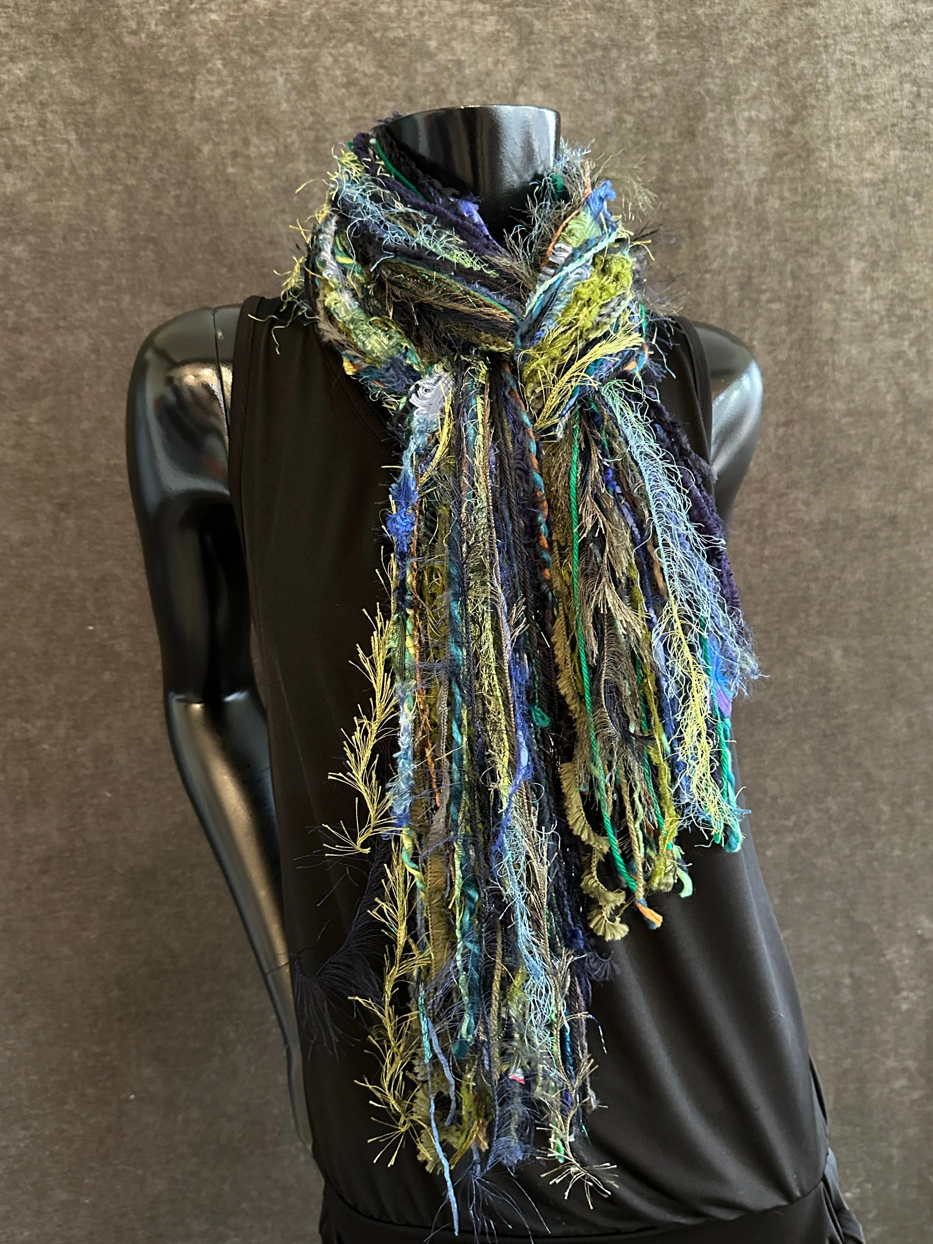 Handmade art yarn fringe scarf with art yarns , Fringie scarf in blue green purple, women gift, boho accessory, vibrant color scarf