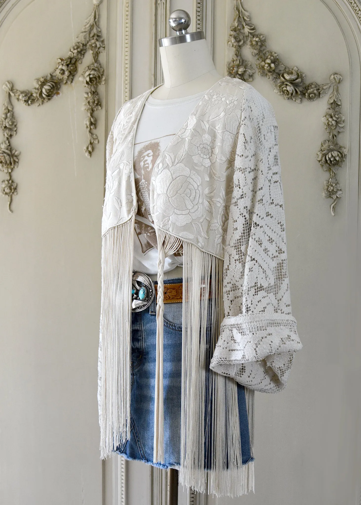 Hannah Antique Hand Embroidered Creme, Black & Peach Silk Bolero Jacket with Elaborate Fringes