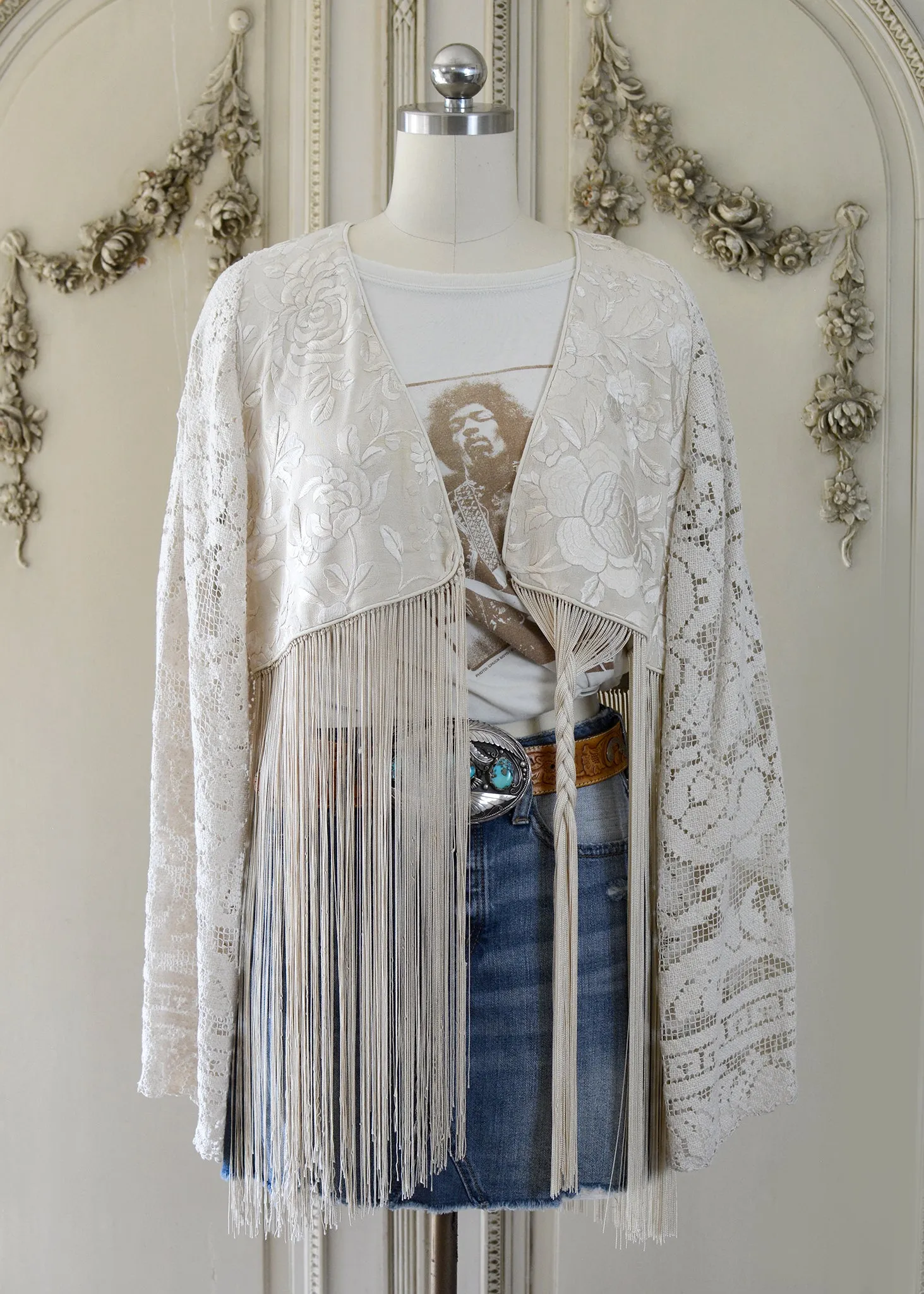 Hannah Antique Hand Embroidered Creme, Black & Peach Silk Bolero Jacket with Elaborate Fringes