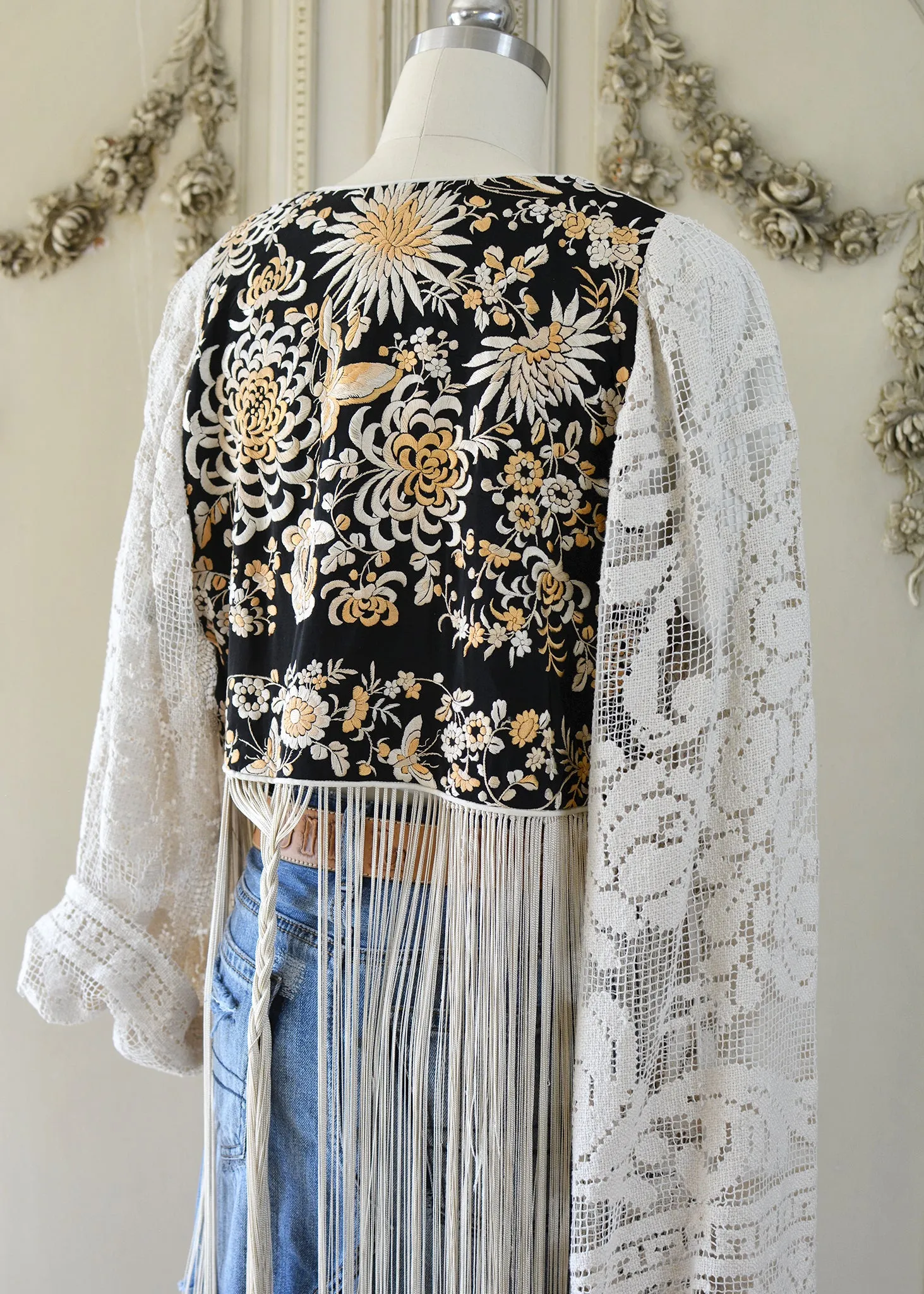 Hannah Antique Hand Embroidered Creme, Black & Peach Silk Bolero Jacket with Elaborate Fringes