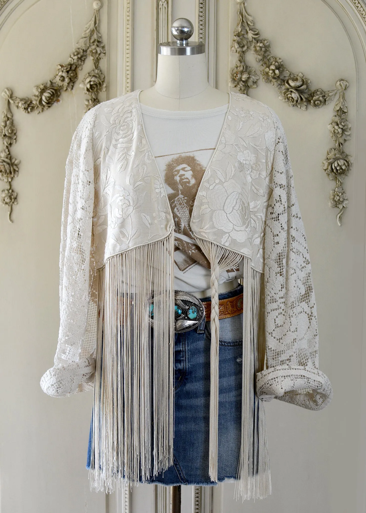 Hannah Antique Hand Embroidered Creme, Black & Peach Silk Bolero Jacket with Elaborate Fringes