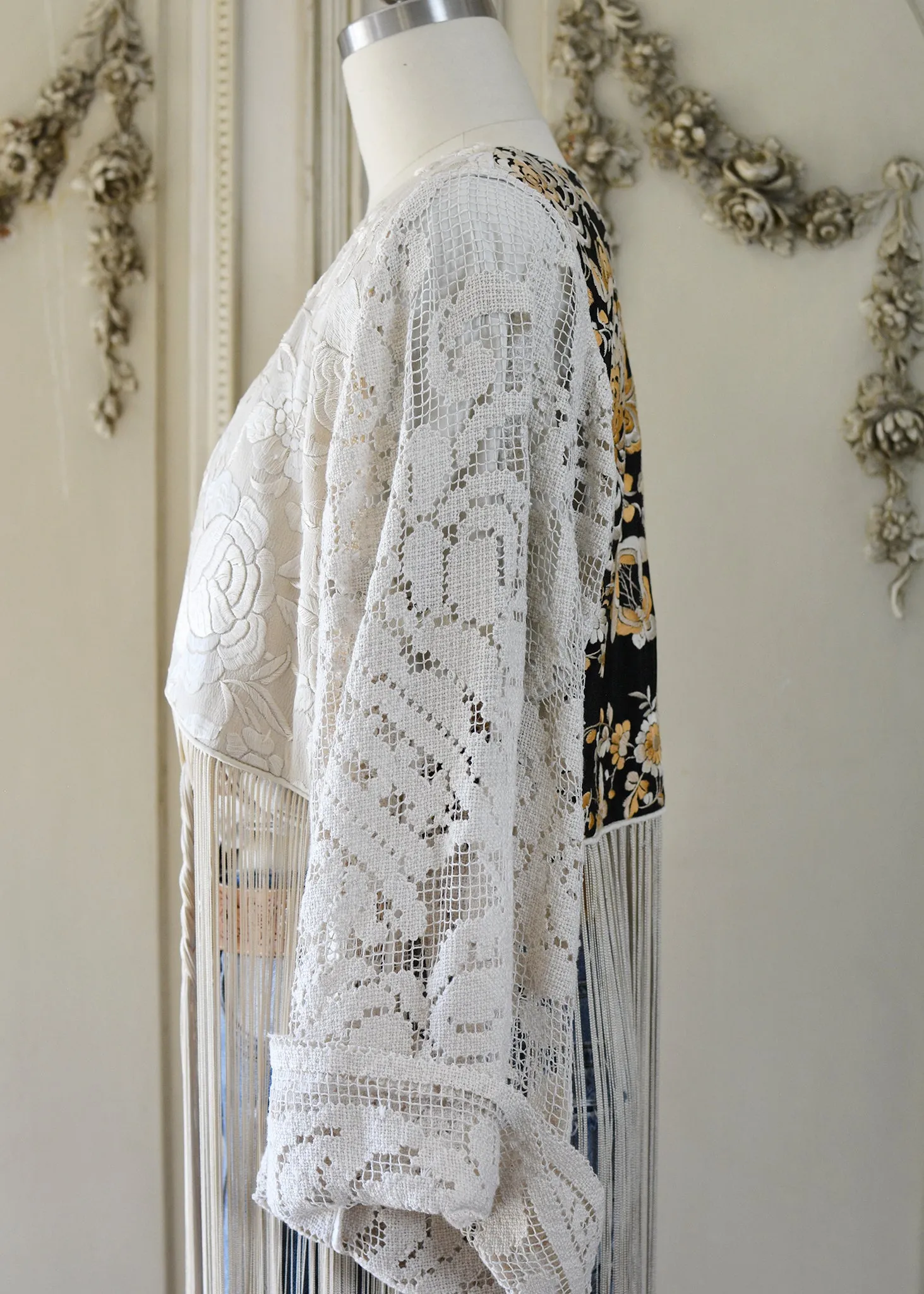 Hannah Antique Hand Embroidered Creme, Black & Peach Silk Bolero Jacket with Elaborate Fringes