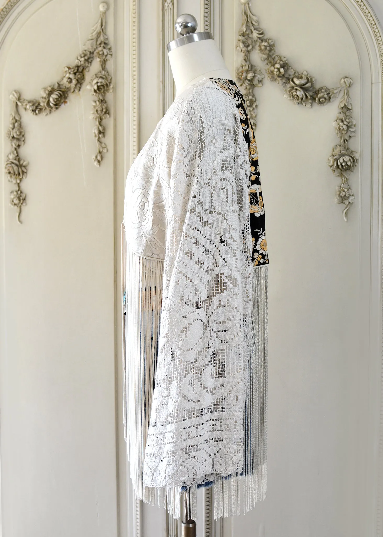 Hannah Antique Hand Embroidered Creme, Black & Peach Silk Bolero Jacket with Elaborate Fringes