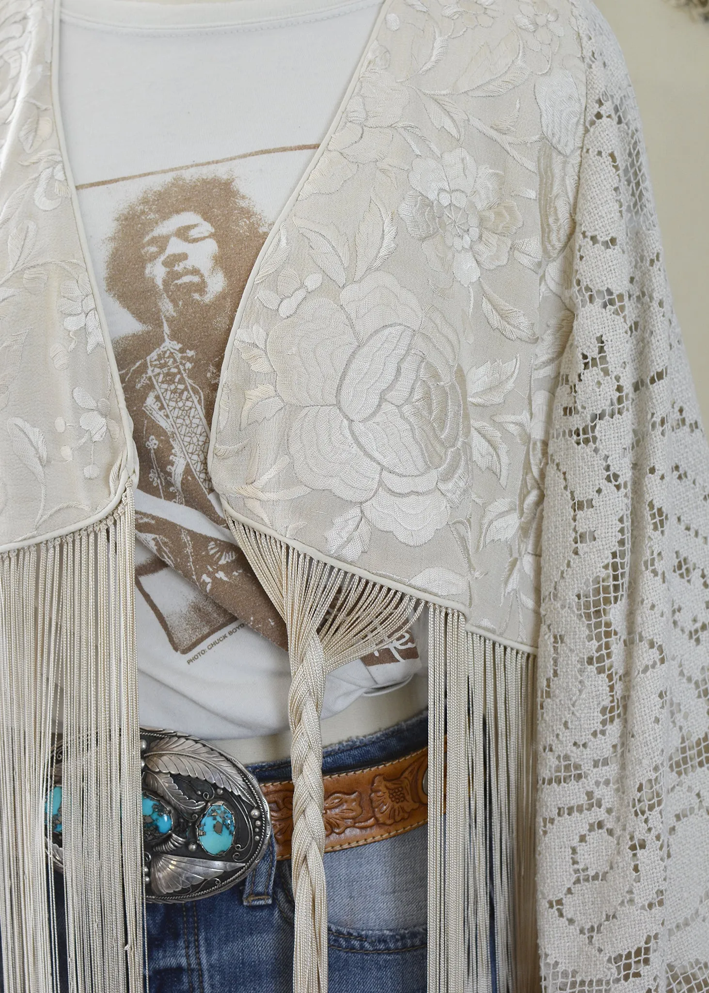 Hannah Antique Hand Embroidered Creme, Black & Peach Silk Bolero Jacket with Elaborate Fringes