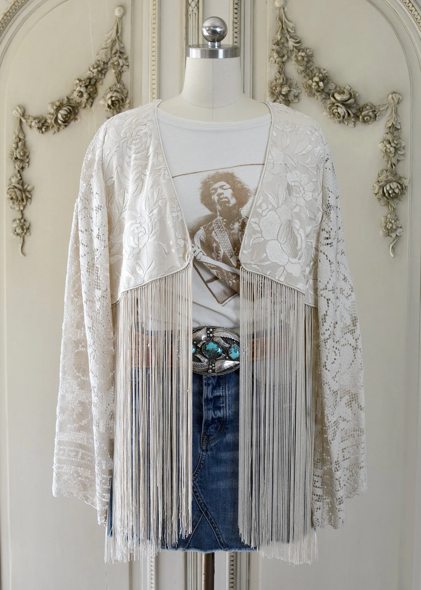 Hannah Antique Hand Embroidered Creme, Black & Peach Silk Bolero Jacket with Elaborate Fringes