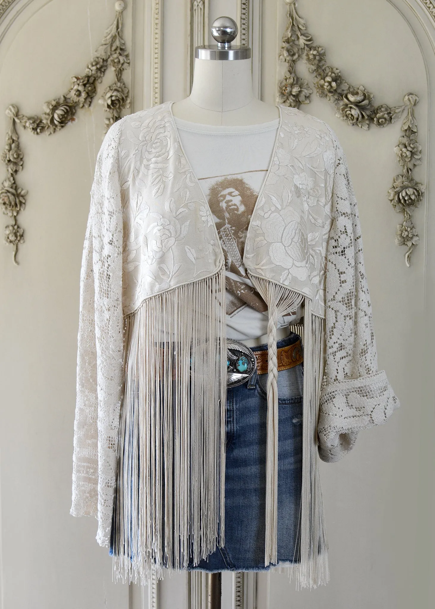 Hannah Antique Hand Embroidered Creme, Black & Peach Silk Bolero Jacket with Elaborate Fringes