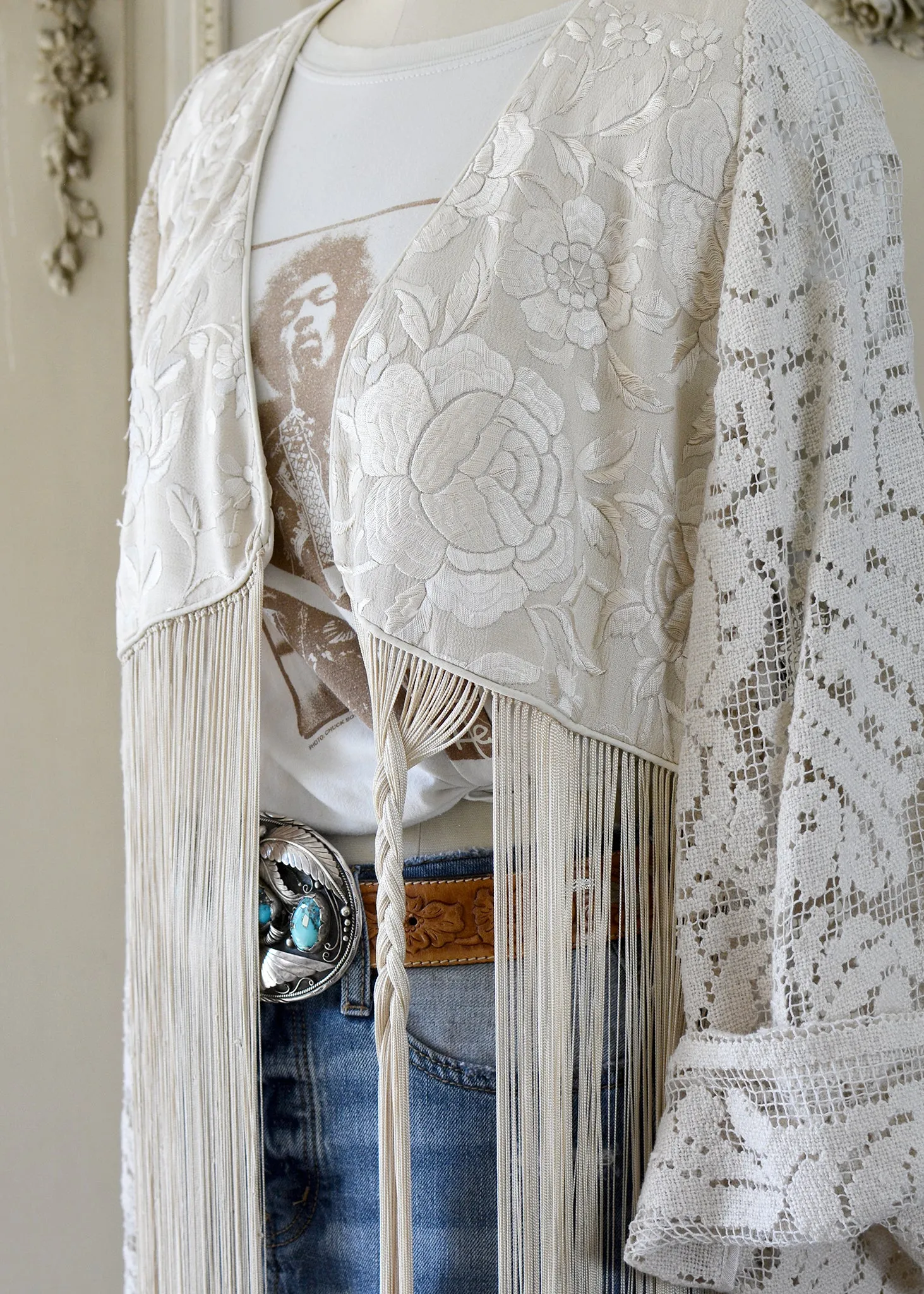 Hannah Antique Hand Embroidered Creme, Black & Peach Silk Bolero Jacket with Elaborate Fringes