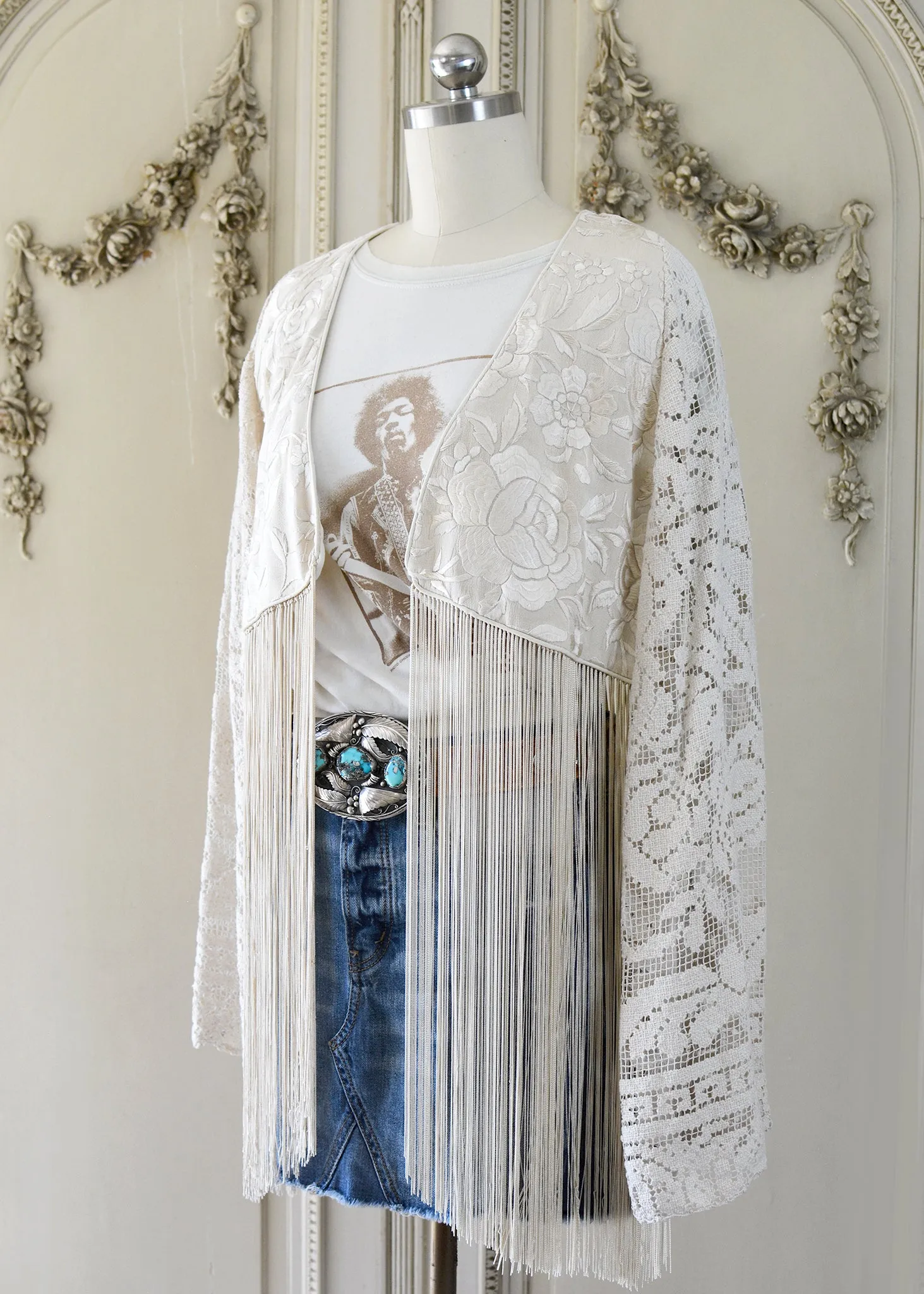Hannah Antique Hand Embroidered Creme, Black & Peach Silk Bolero Jacket with Elaborate Fringes