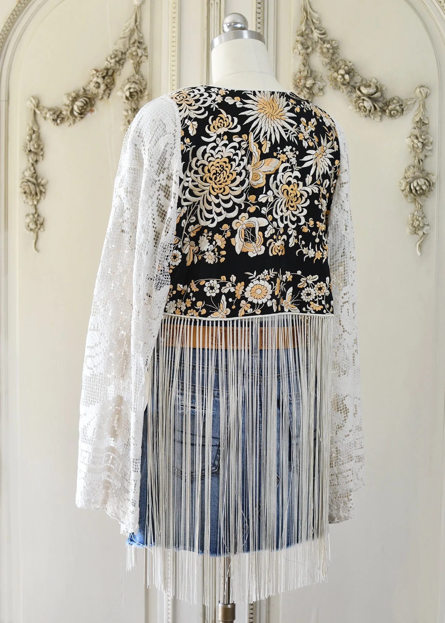 Hannah Antique Hand Embroidered Creme, Black & Peach Silk Bolero Jacket with Elaborate Fringes