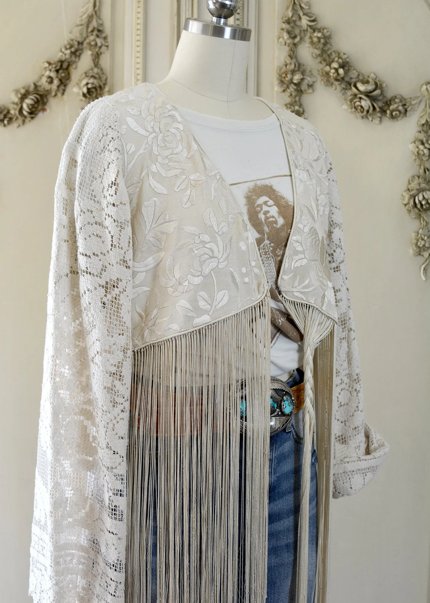 Hannah Antique Hand Embroidered Creme, Black & Peach Silk Bolero Jacket with Elaborate Fringes