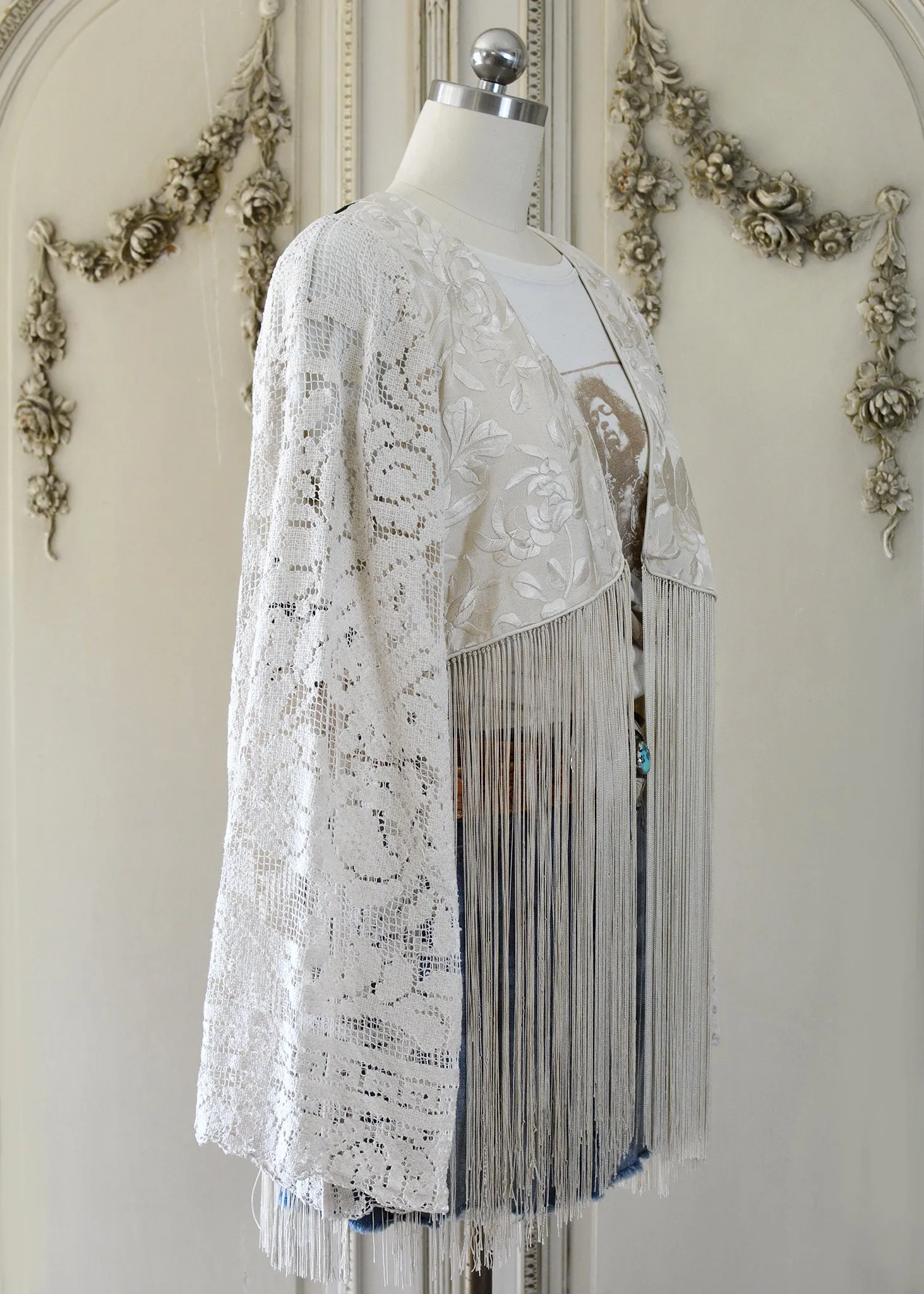 Hannah Antique Hand Embroidered Creme, Black & Peach Silk Bolero Jacket with Elaborate Fringes