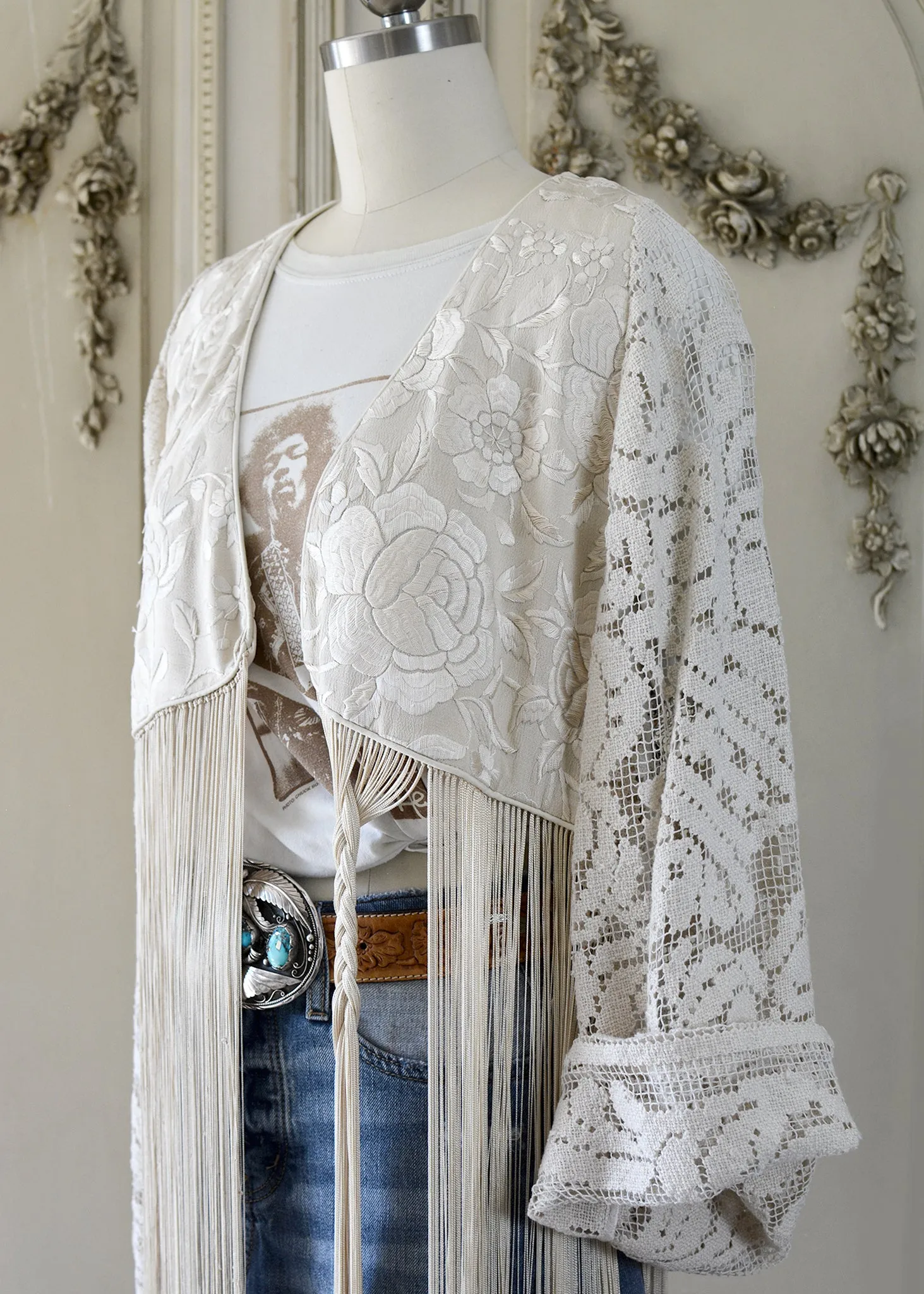 Hannah Antique Hand Embroidered Creme, Black & Peach Silk Bolero Jacket with Elaborate Fringes