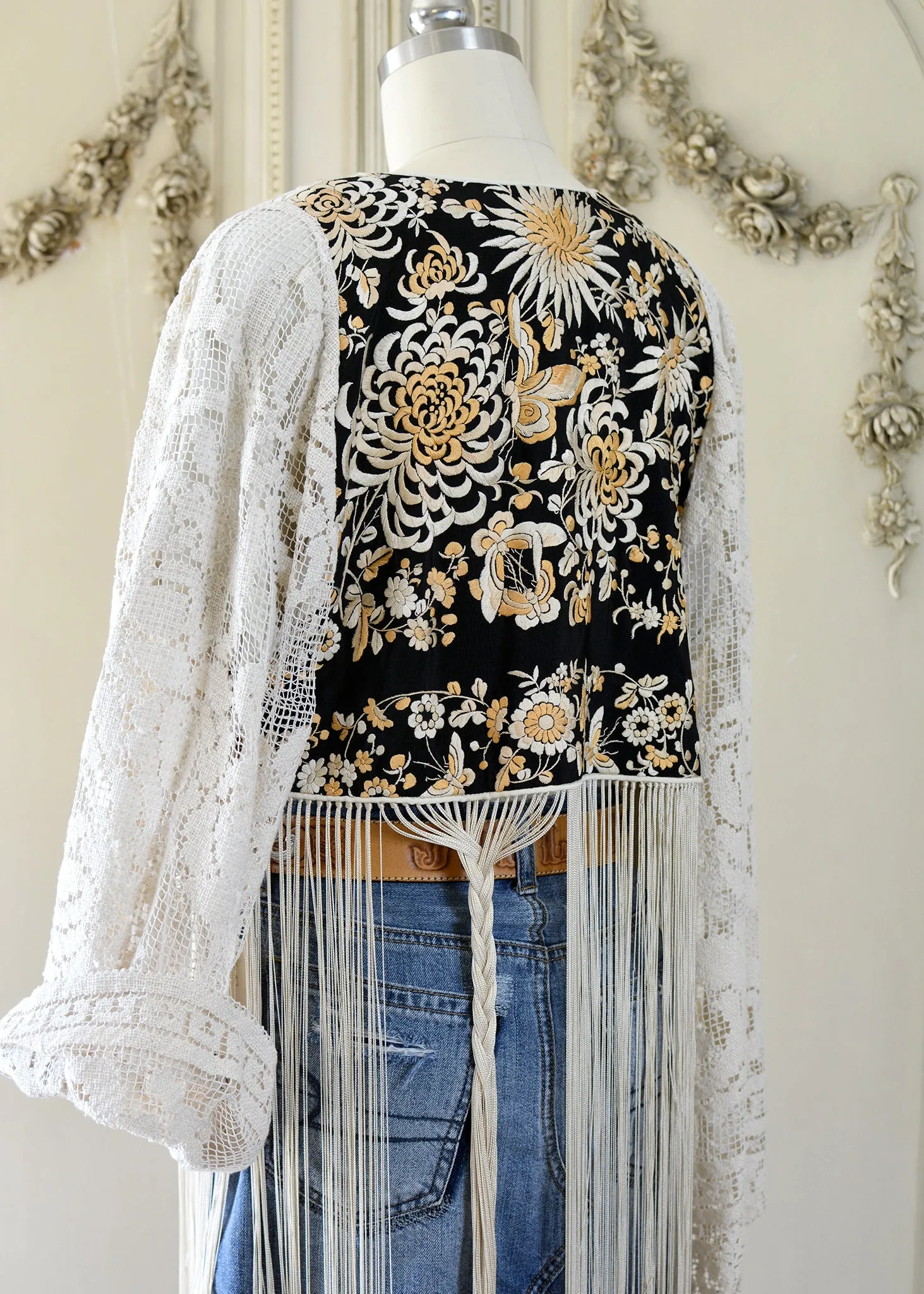 Hannah Antique Hand Embroidered Creme, Black & Peach Silk Bolero Jacket with Elaborate Fringes