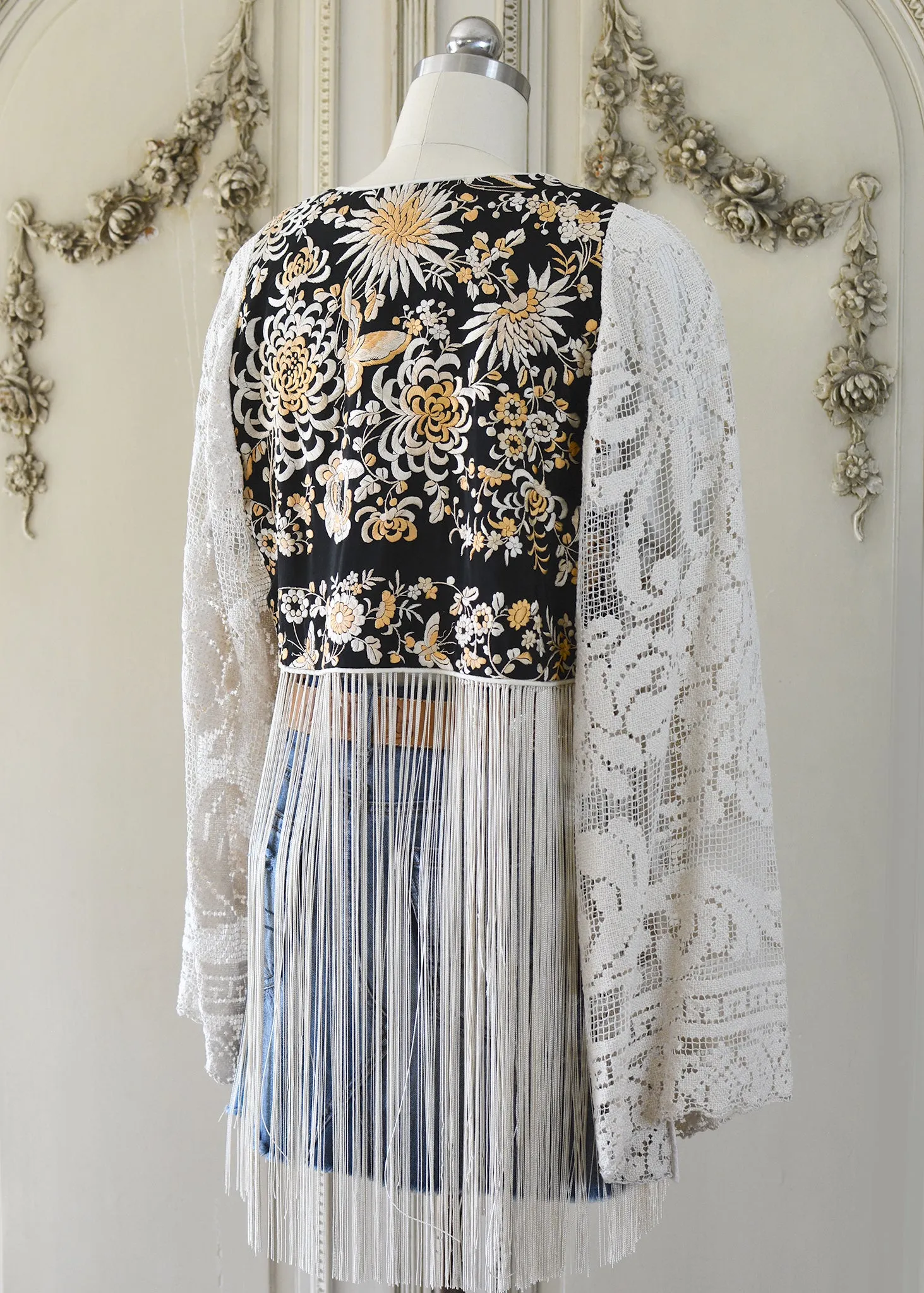 Hannah Antique Hand Embroidered Creme, Black & Peach Silk Bolero Jacket with Elaborate Fringes