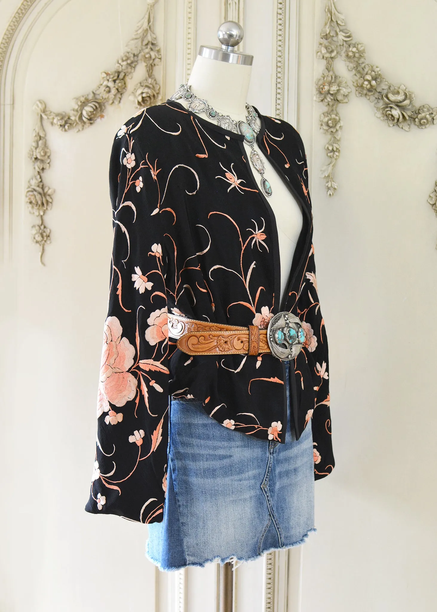 Katrine Antique Hand Embroidered Black & Persimmon Silk Crepe Jacket