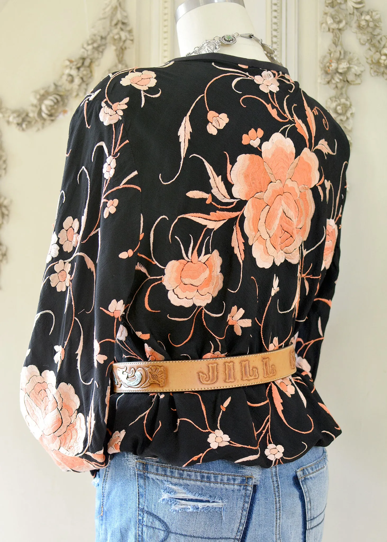 Katrine Antique Hand Embroidered Black & Persimmon Silk Crepe Jacket