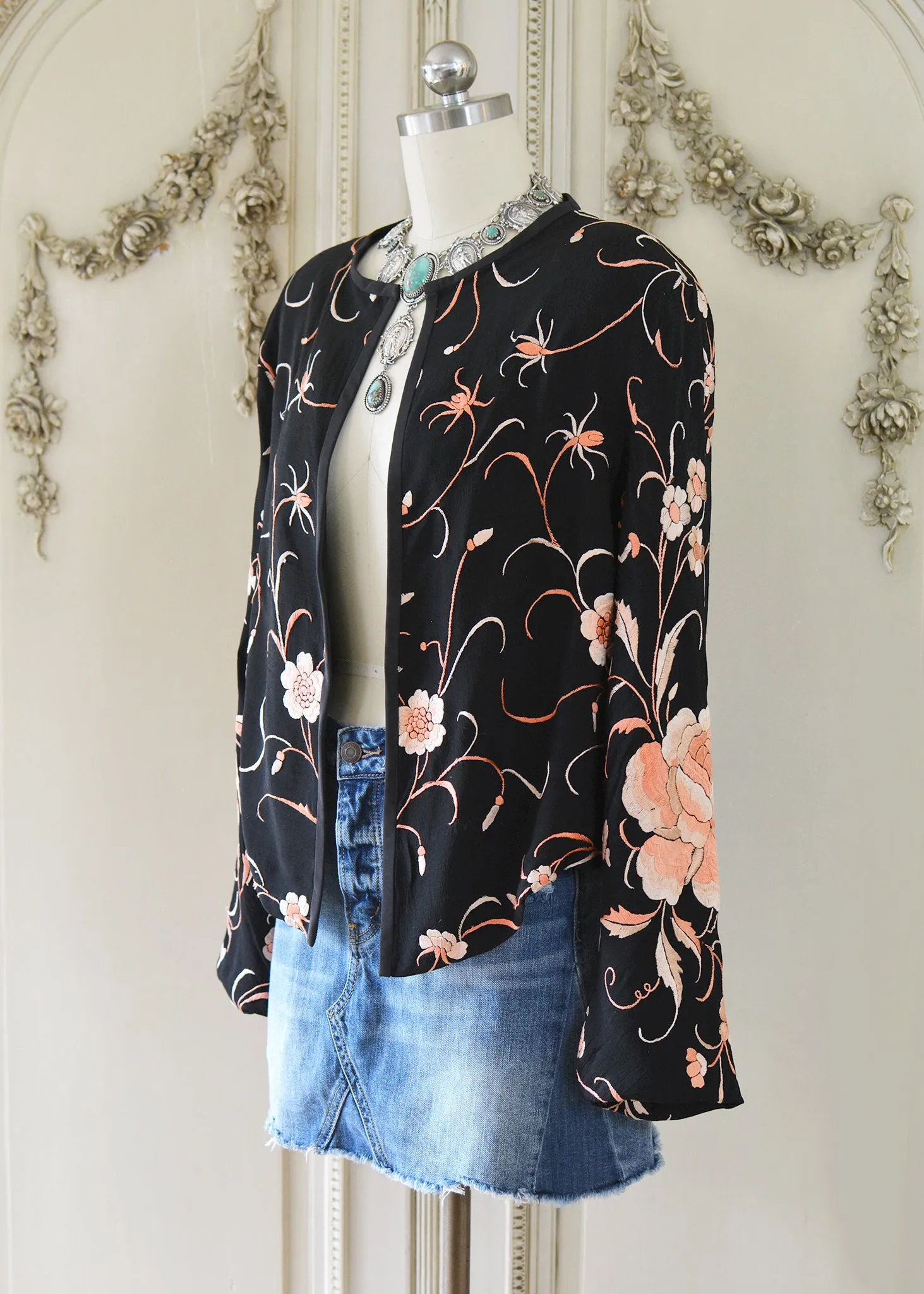Katrine Antique Hand Embroidered Black & Persimmon Silk Crepe Jacket