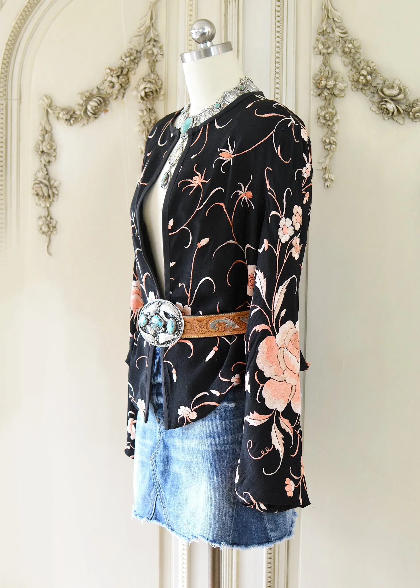 Katrine Antique Hand Embroidered Black & Persimmon Silk Crepe Jacket