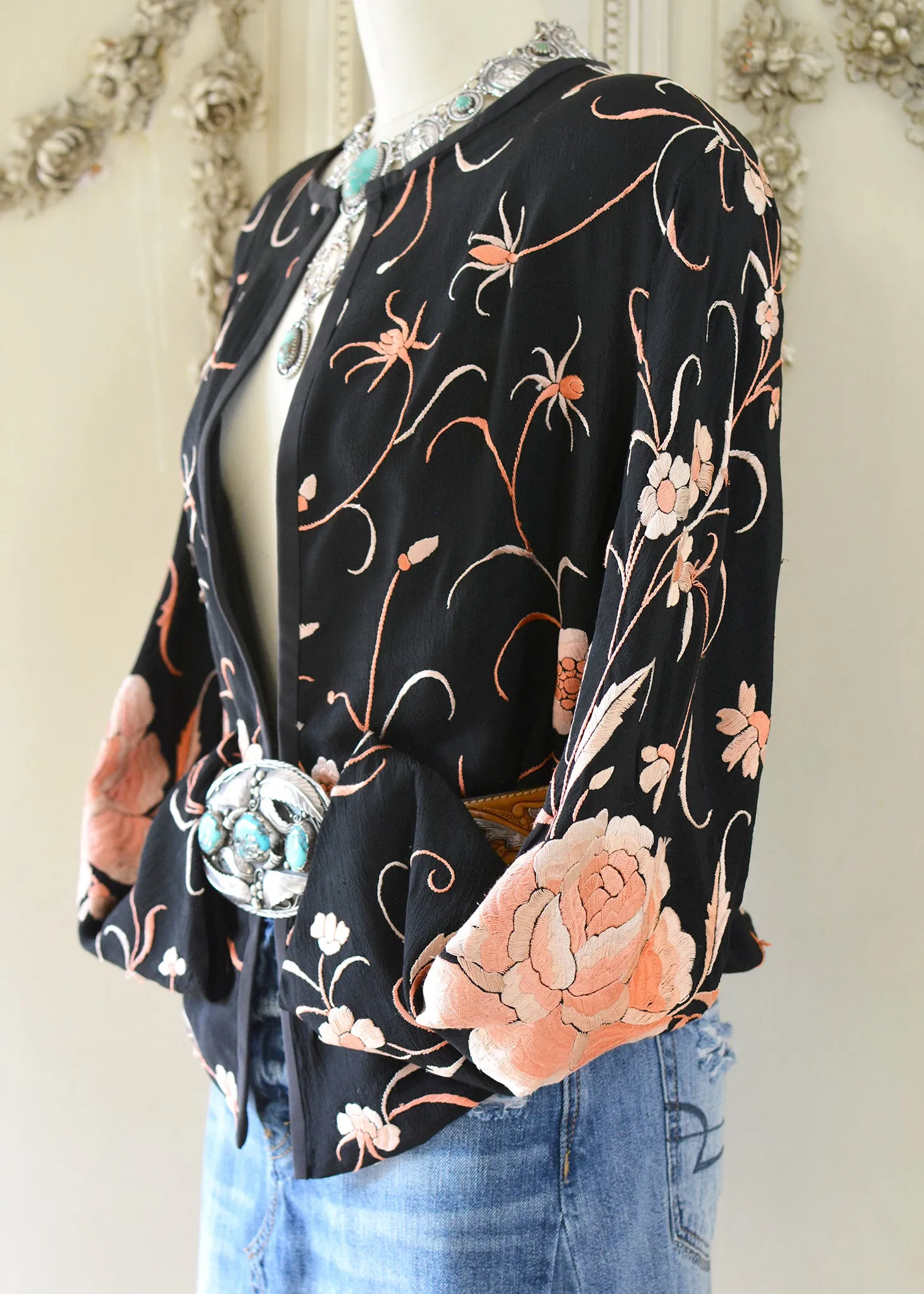 Katrine Antique Hand Embroidered Black & Persimmon Silk Crepe Jacket